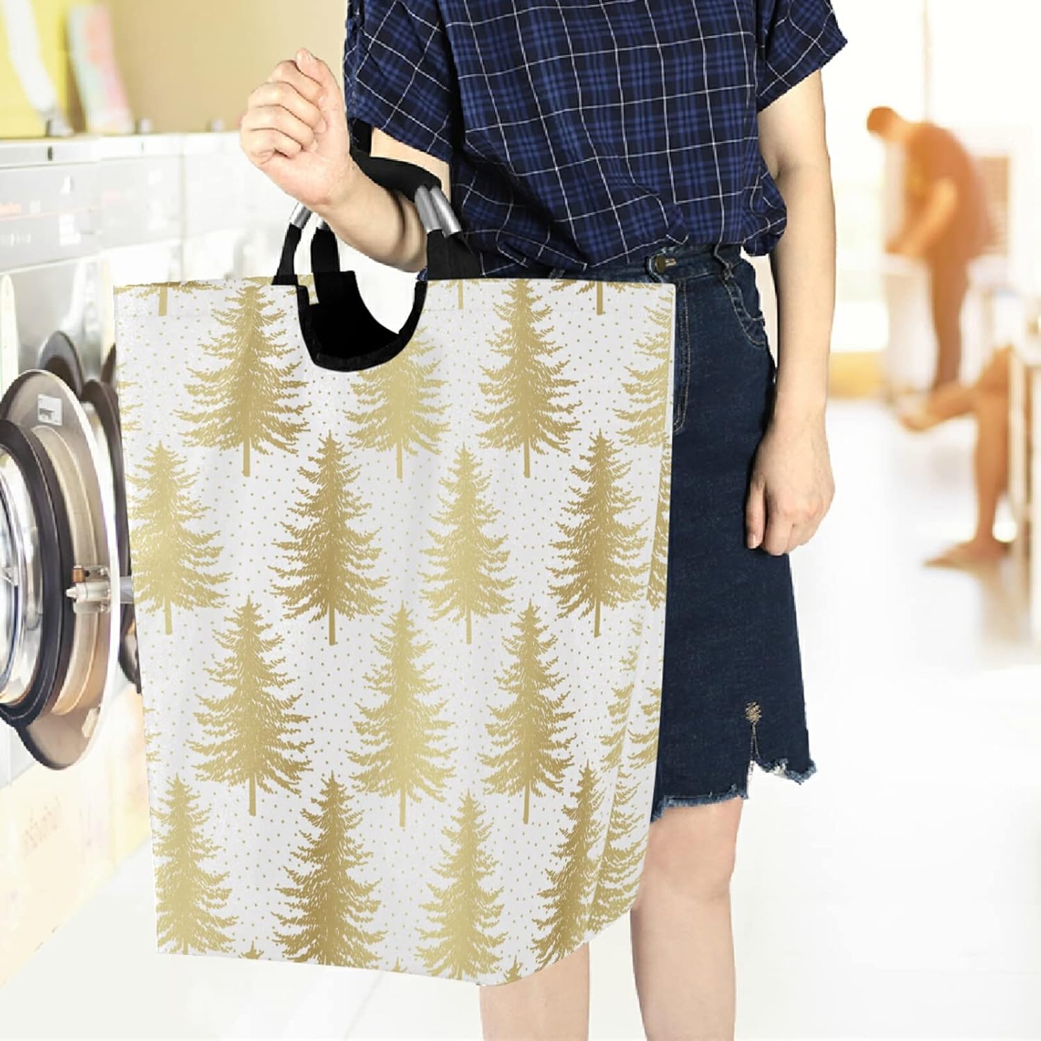 Large Capacity Laundry Hamper with Golden Christmas Tree Pattern