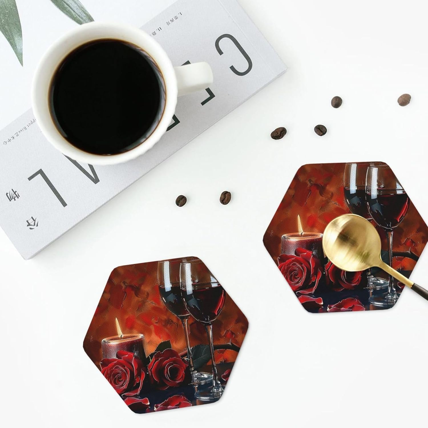 Red Wine Rose and Candle Hexagon Coasters 6PCS