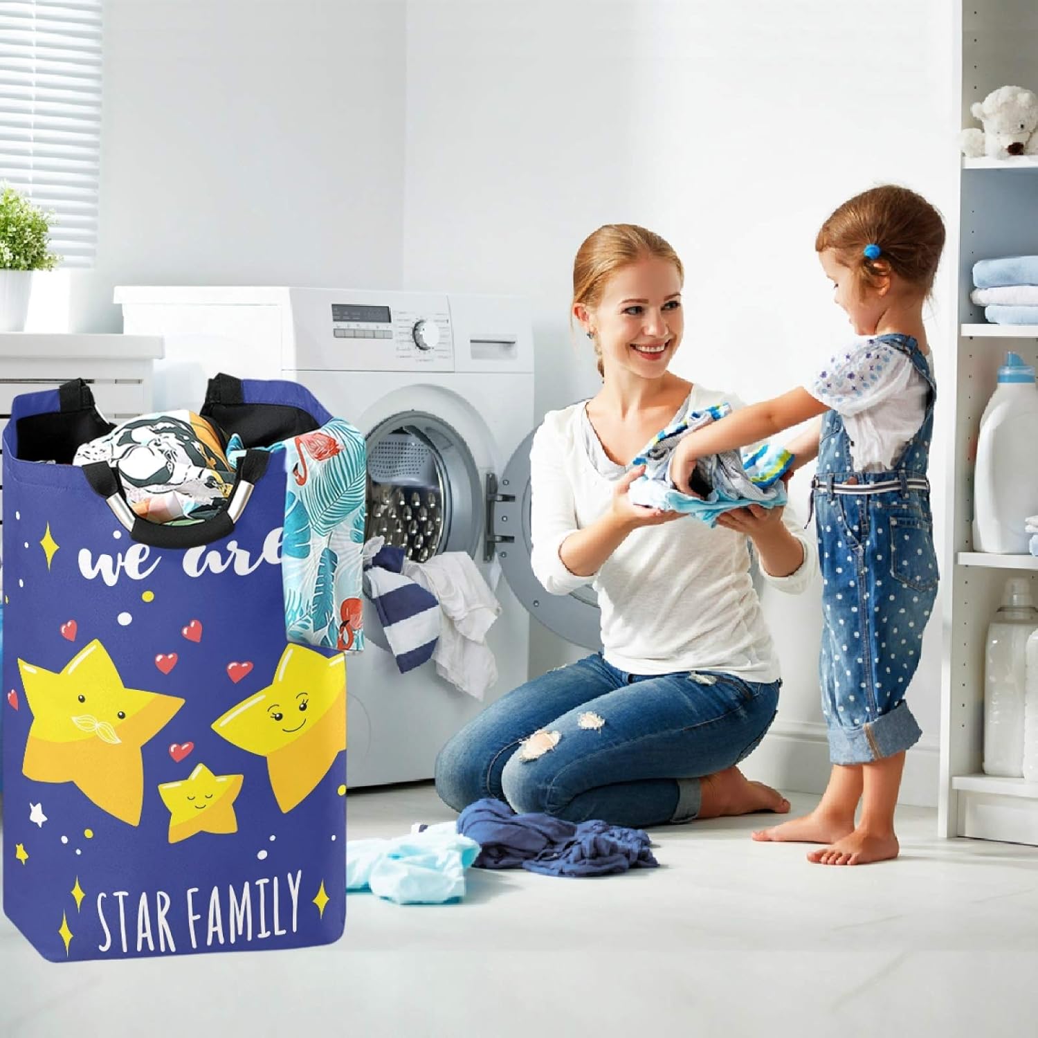 Visesunny Star Family Heart Blue Laundry Hamper with Waterproof Oxford Fabric