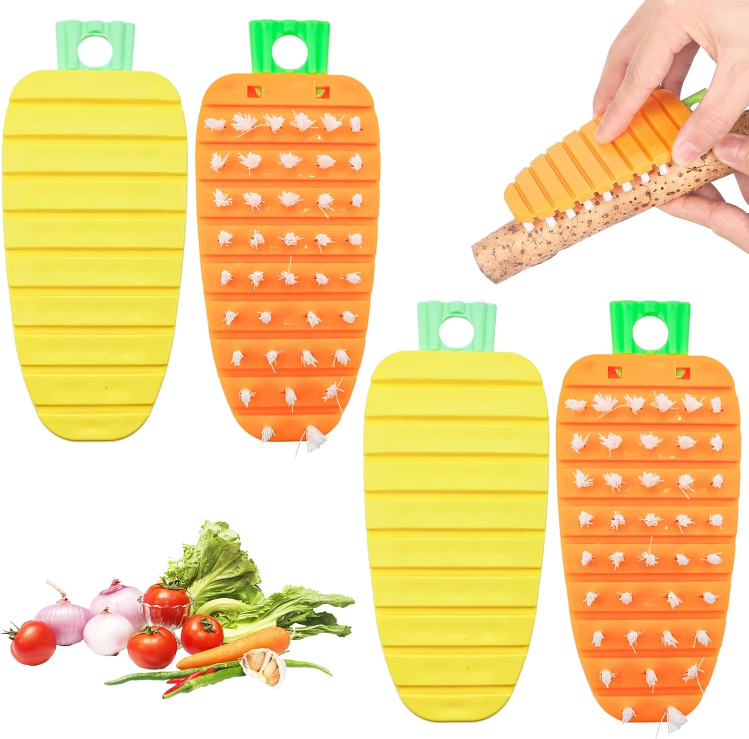 4 Pack Vegetable Brush Set with Bendable Segments and Fruit Peeler