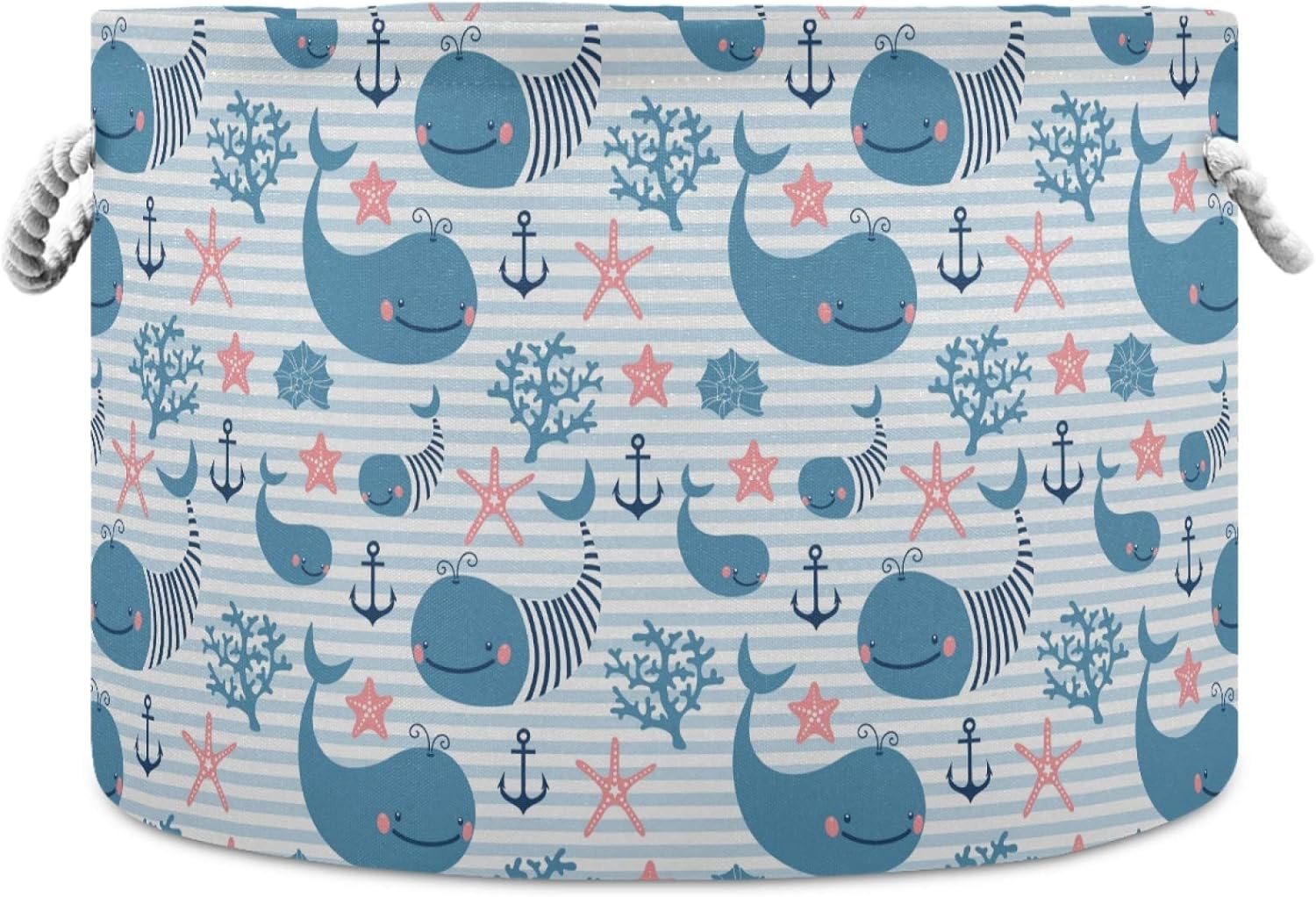 visesunny Whale Blue Stripe Collapsible Laundry Basket with Cotton Handles