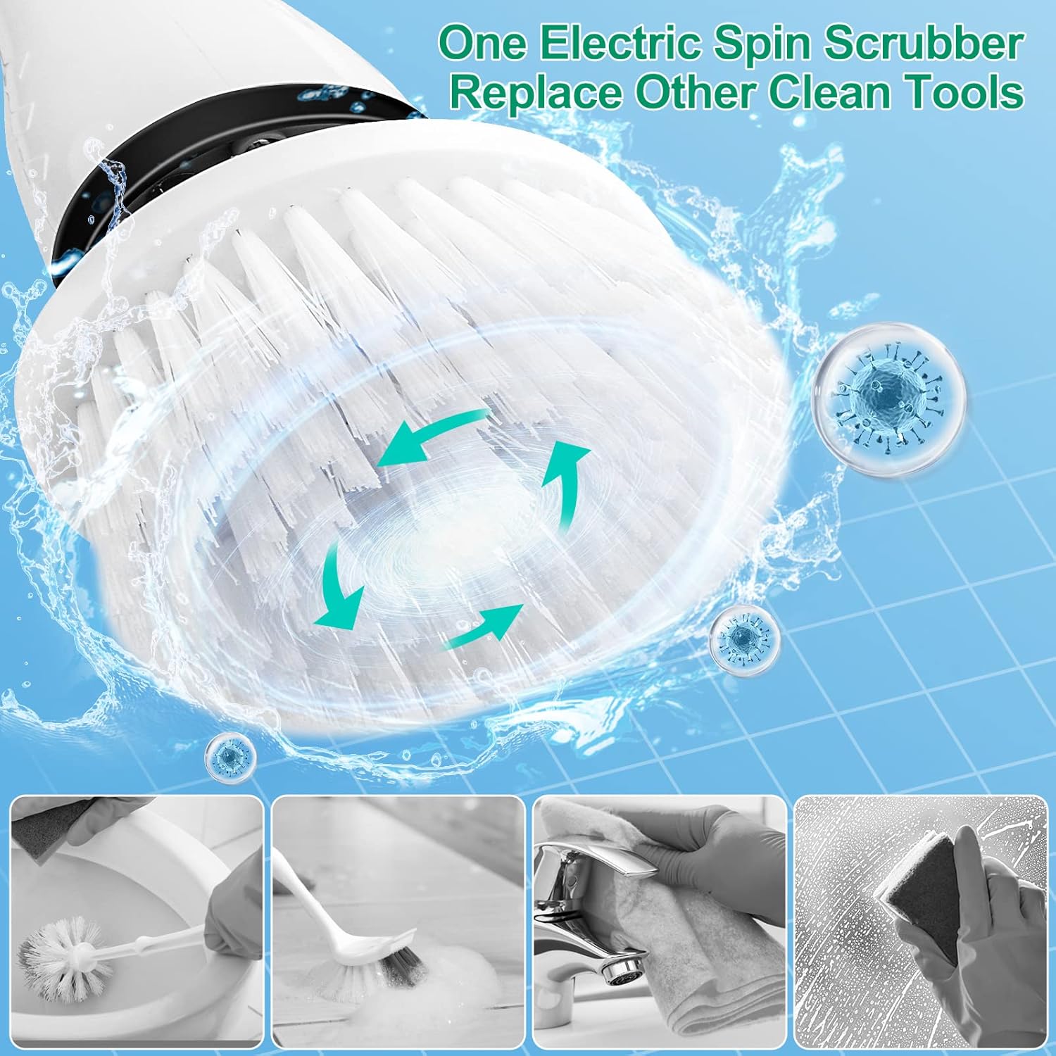 Electric Spin Scrubber with 6 Brush Heads and Adjustable Handle