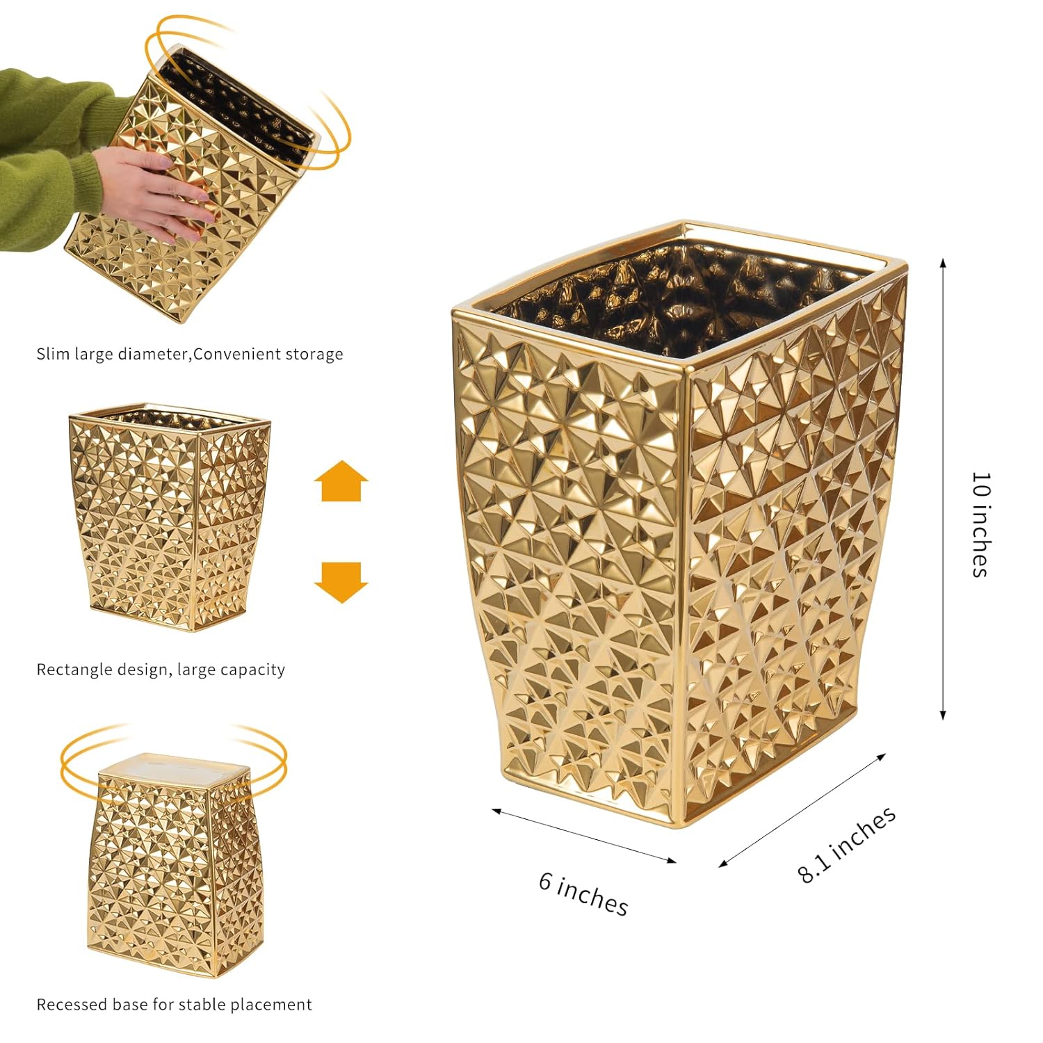 Ceramic Gold Square Garbage Can - Kitchen Bathroom Bin