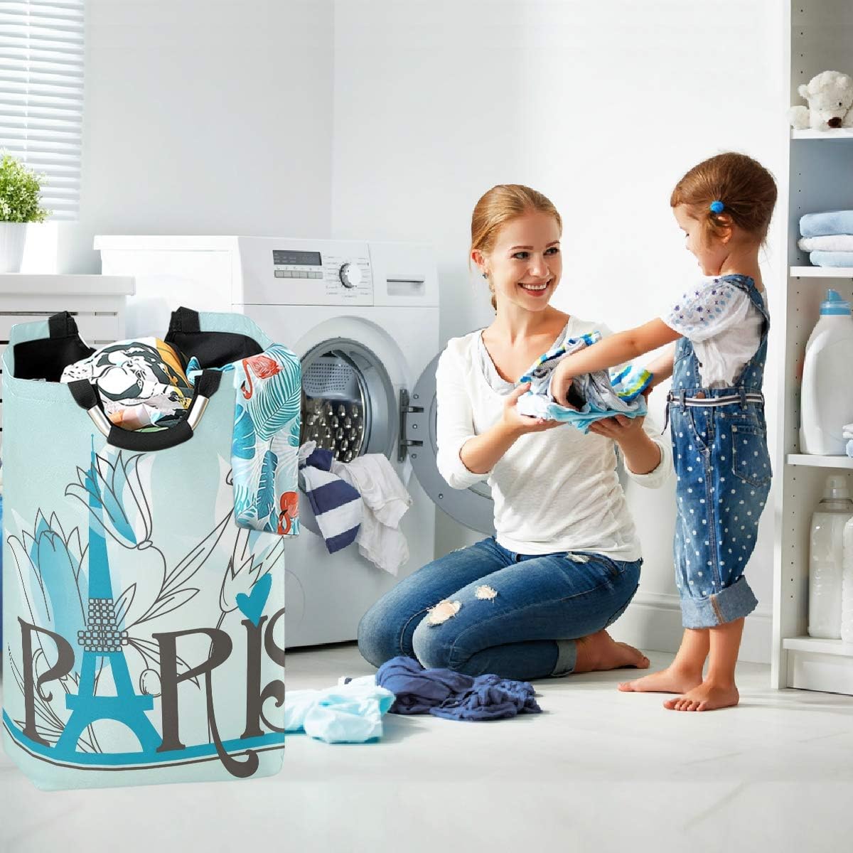 visesunny Paris Letters Blue Laundry Hamper with Handle