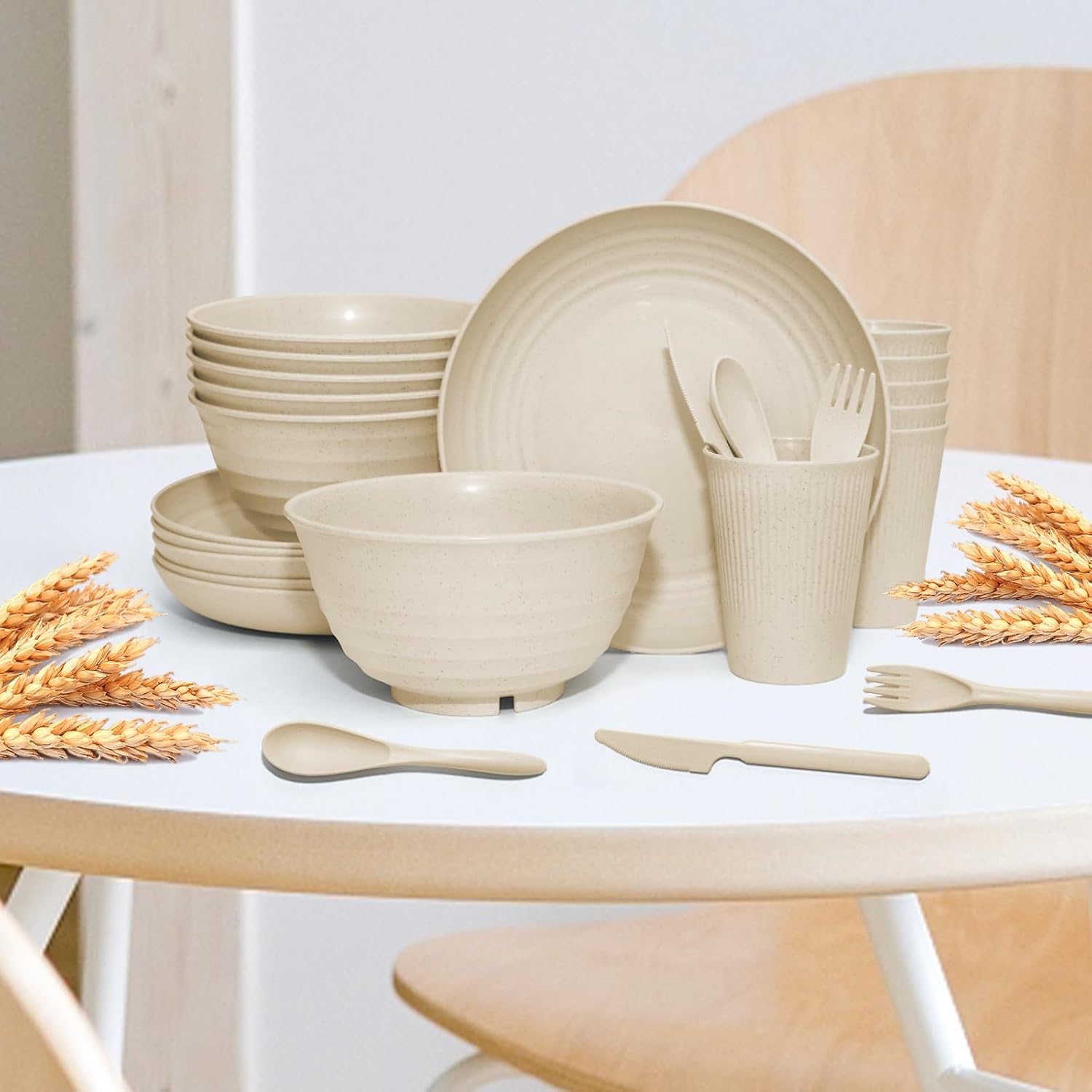 42 Pcs Wheat Straw Dinnerware Set - Unbreakable Reusable Beige