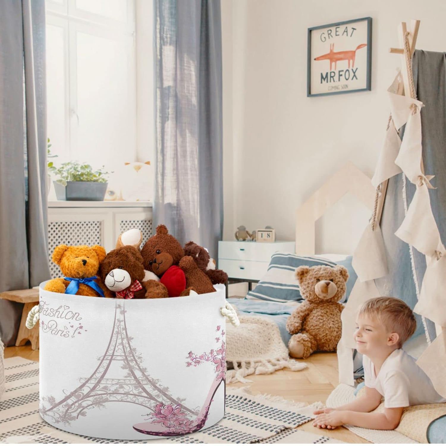 visesunny Eiffel Tower Laundry Basket with Cotton Handles