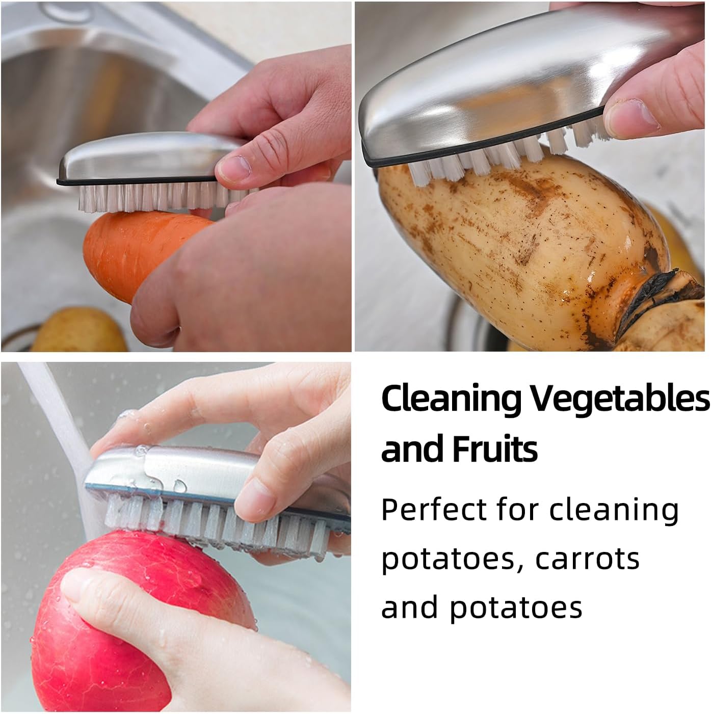 Multipurpose Brush Set 2-Pack Stainless Steel Grip for Vegetables and Nails
