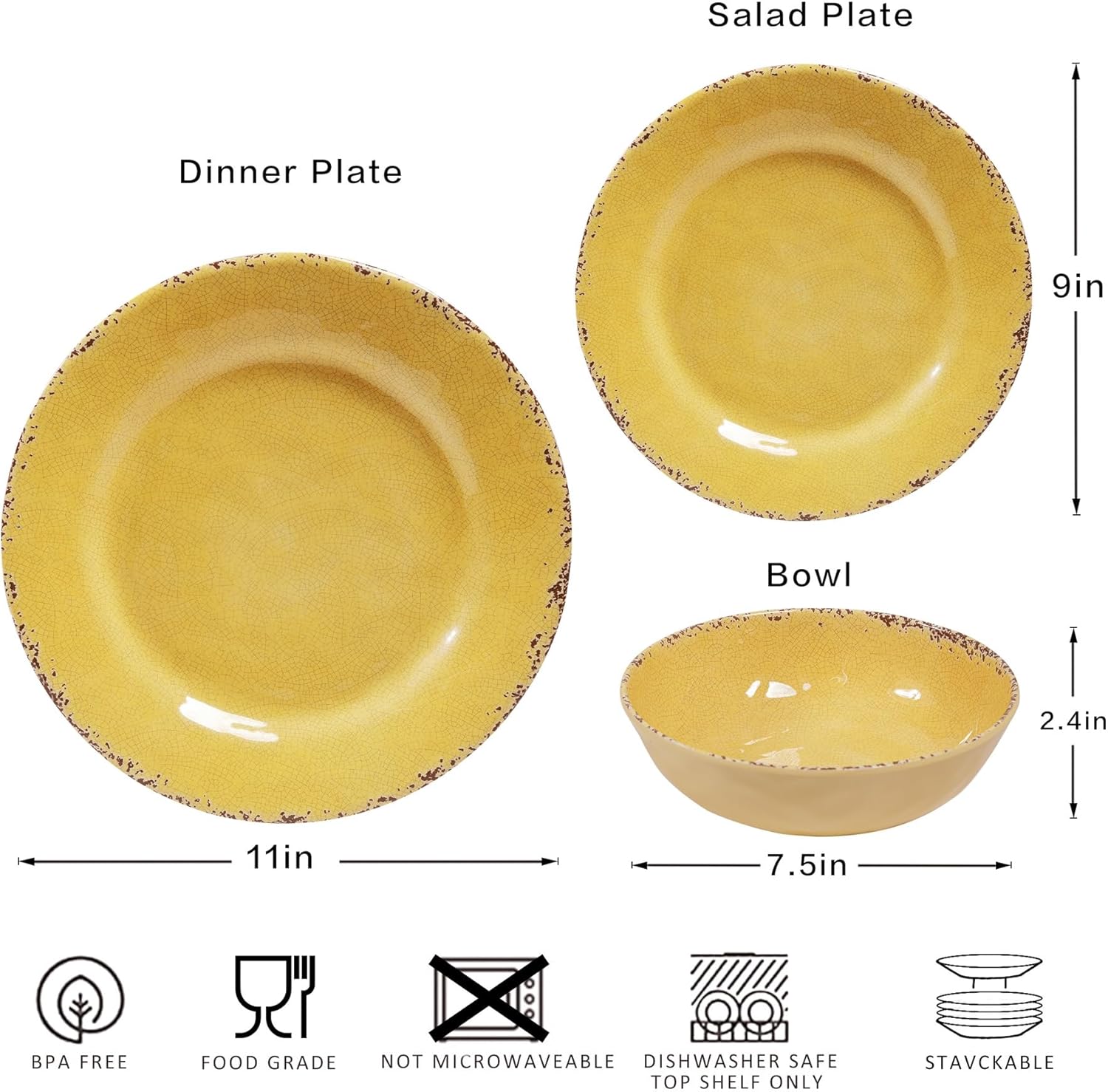 ZAROCRUS 12-Piece Rustic Melamine Dinnerware Set - Yellow