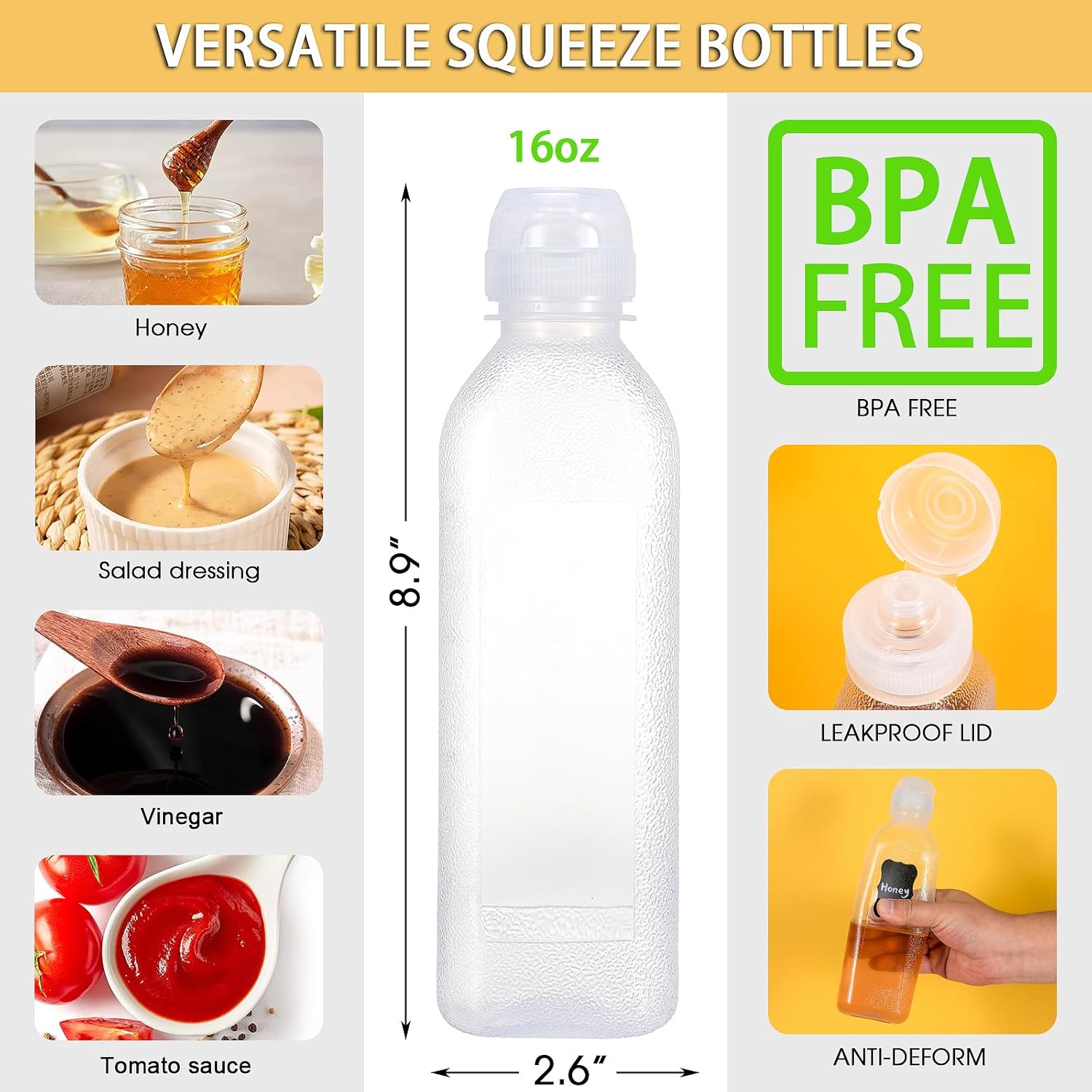 PARBEE 16oz Squeeze Bottles with Flip Top Lid 4 Pack