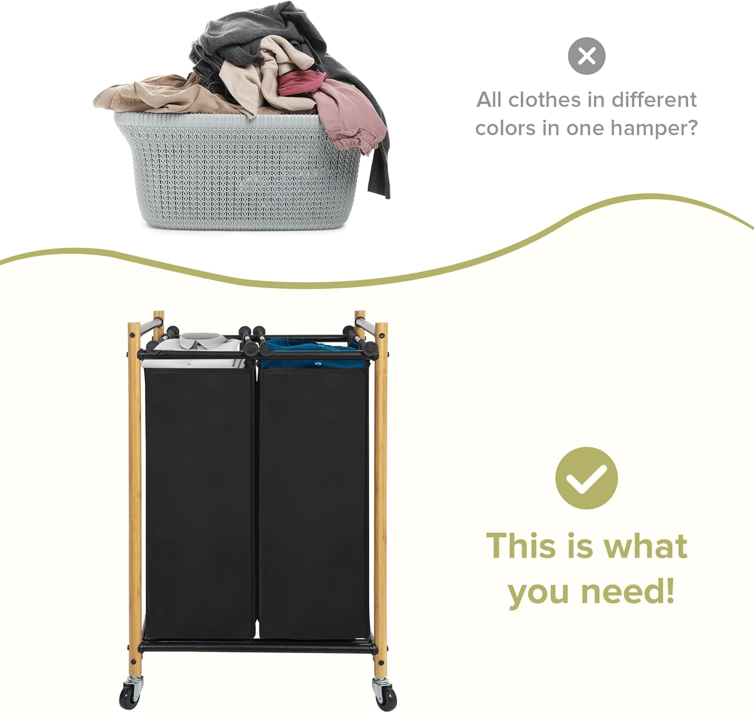 Bamboo Laundry Sorter Hamper with 2 Sections and Wheels 1
