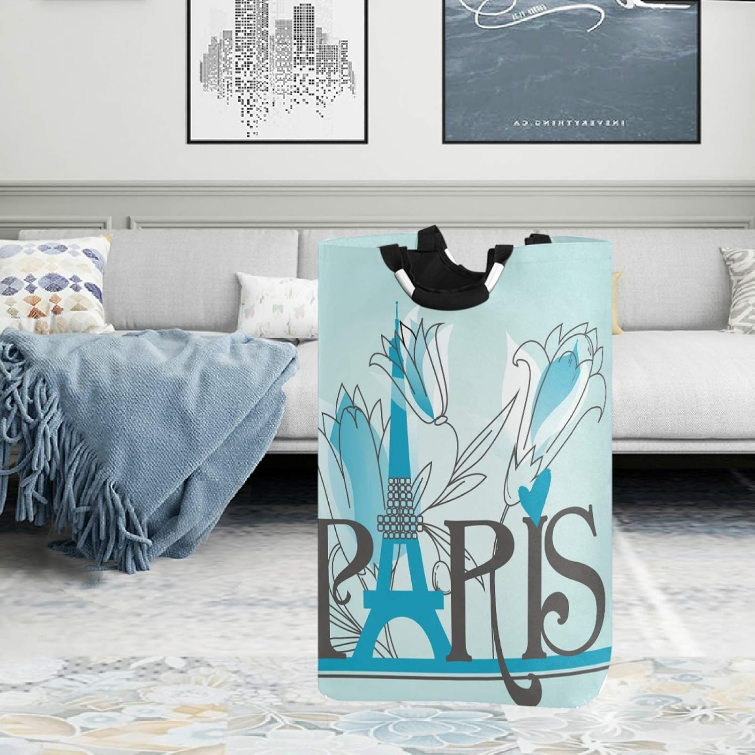 visesunny Paris Letters Blue Laundry Hamper with Handle