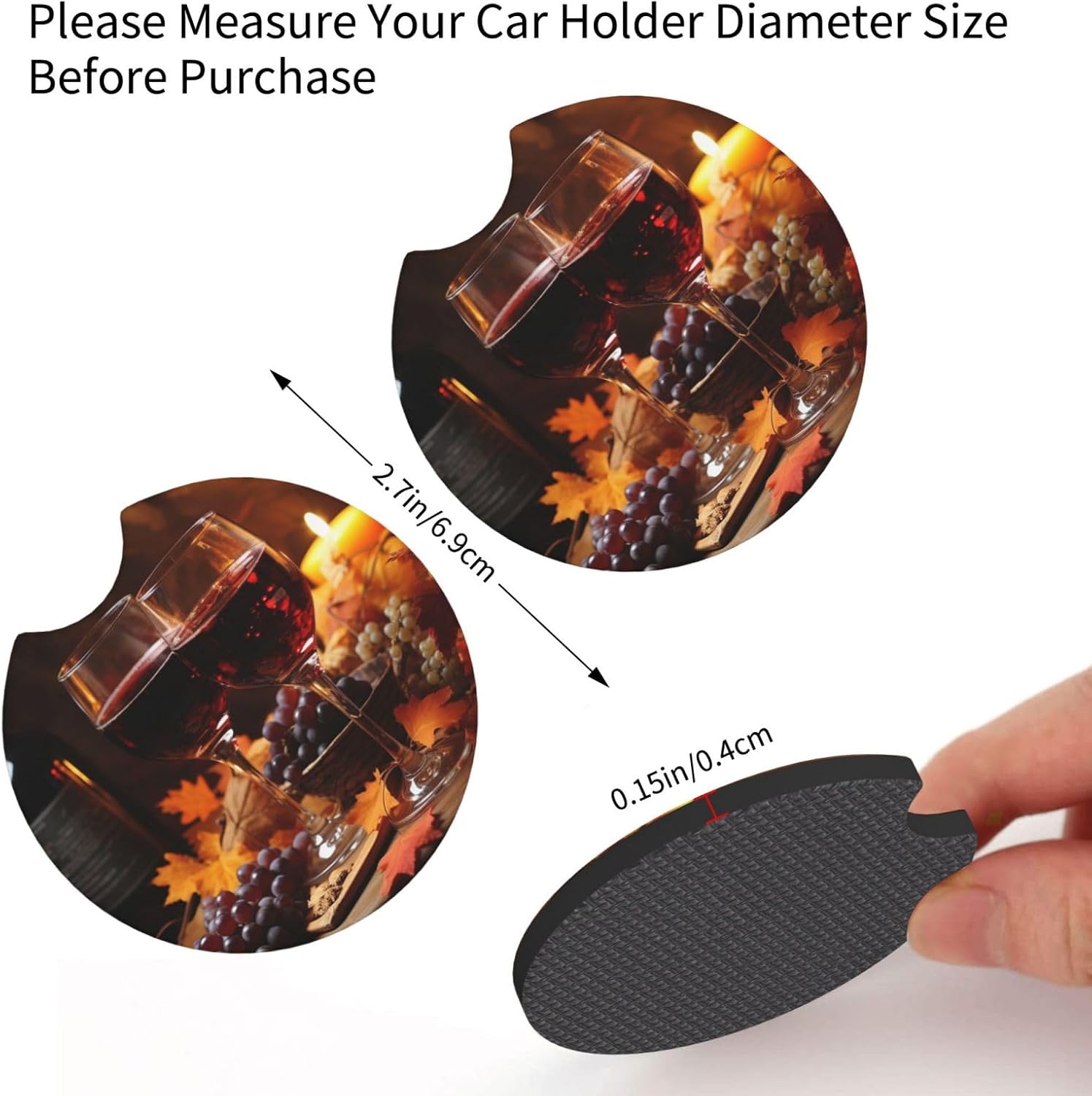 Red Wine and Candles Print Car Coasters 2 Pack Anti-Slip