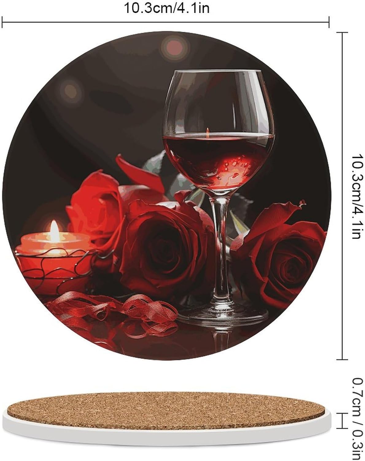 Red Rose Wine Glass and Candle Printed Ceramic Coasters Set of 4