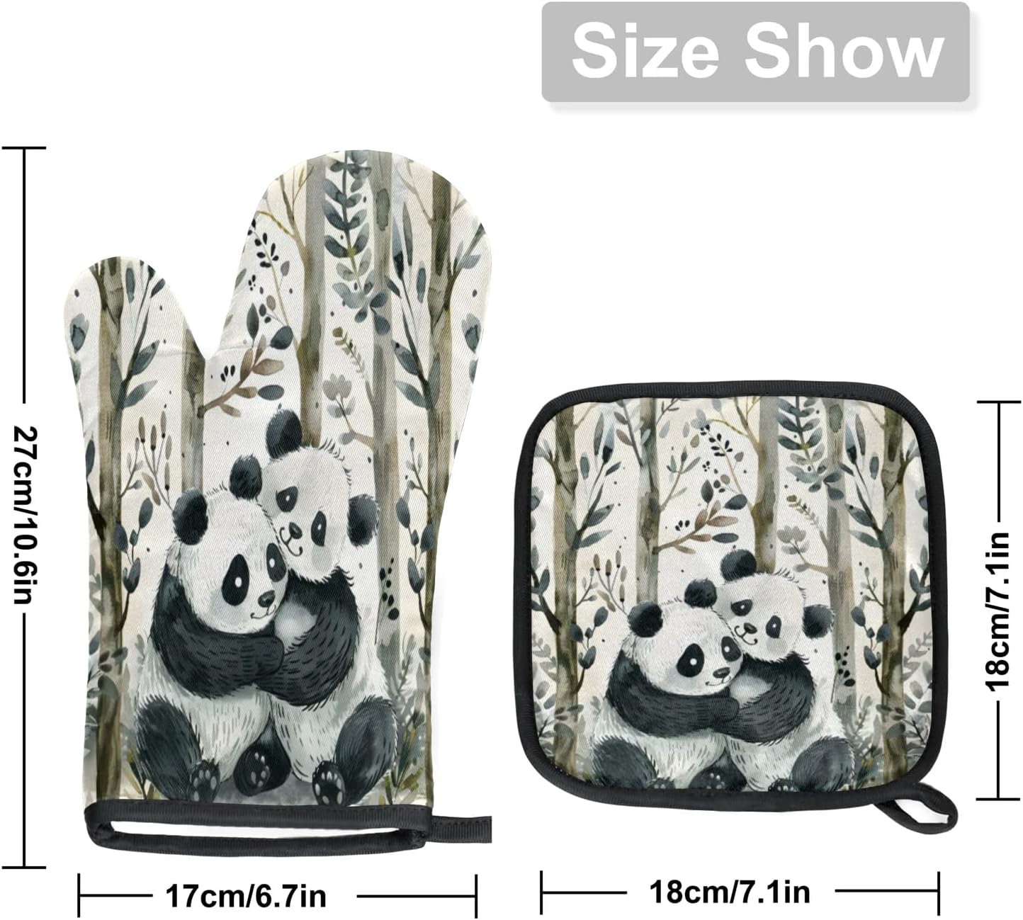 Cute Pandas Tree Oven Mitt Set 2 Piece