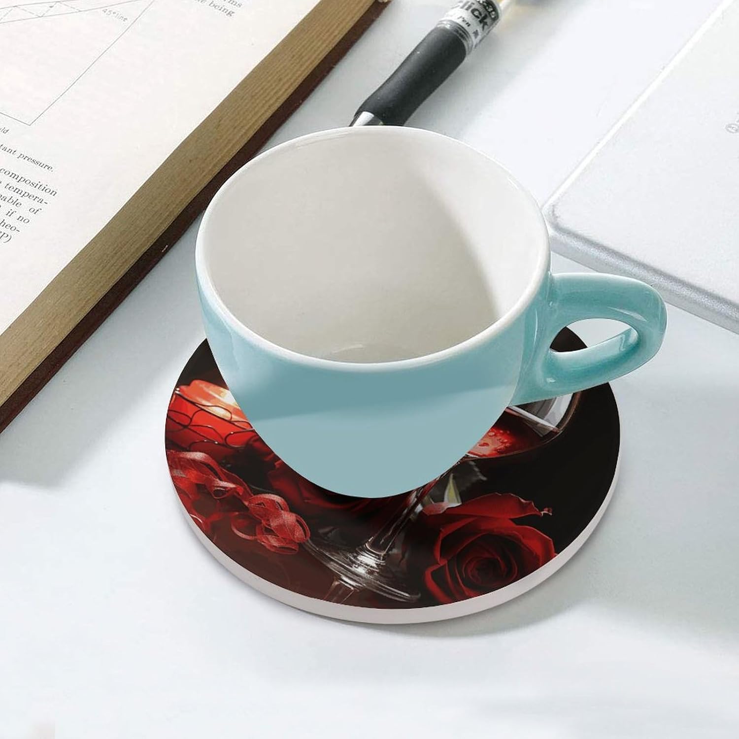Red Rose Wine Glass and Candle Printed Ceramic Coasters Set of 4