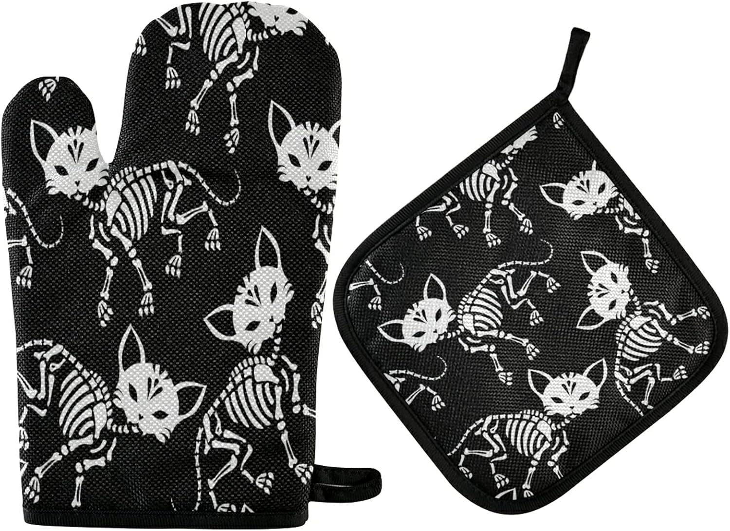 Eionryn Skeletons Cats Halloween Oven Mitts Potholders 2-Piece Set