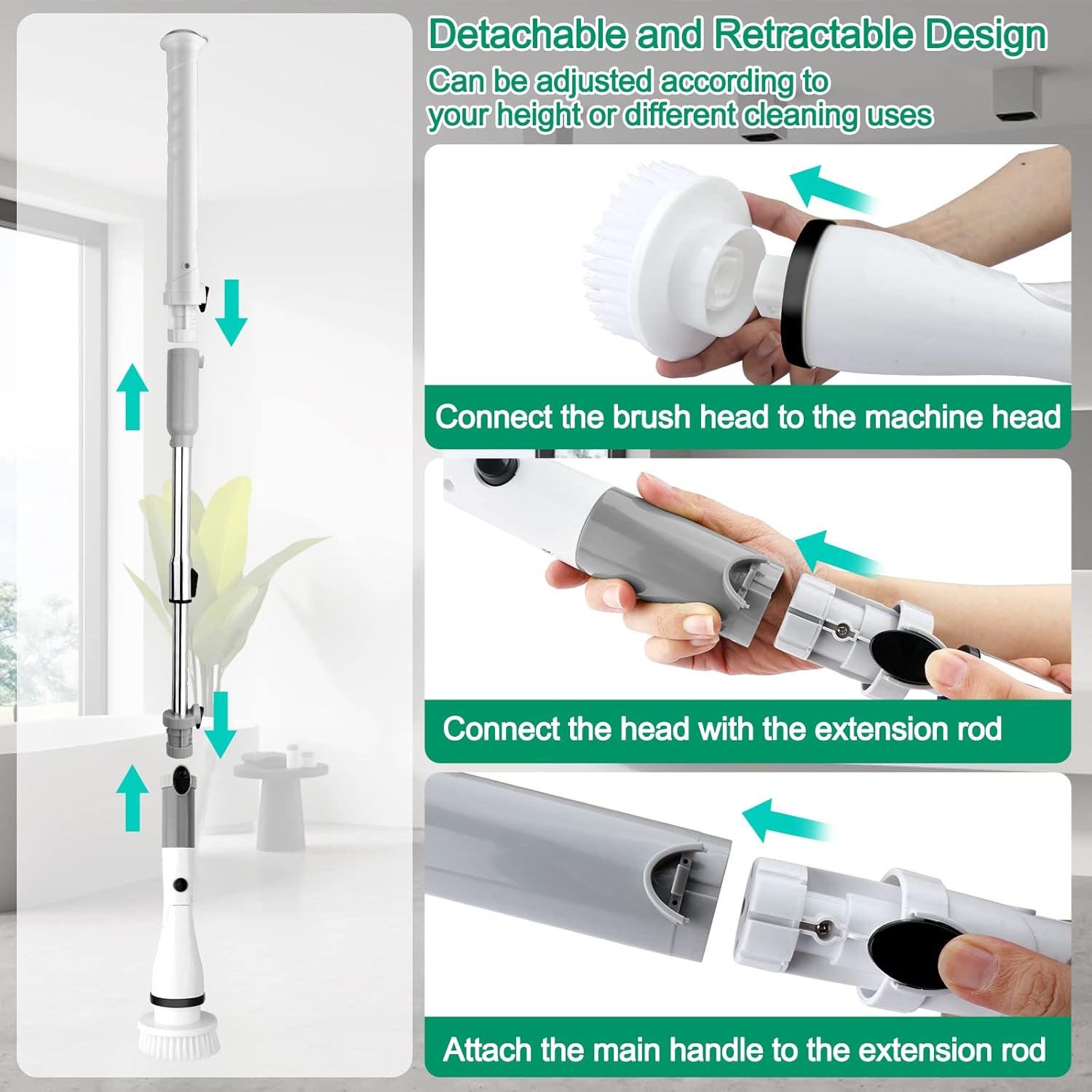 Electric Spin Scrubber with 6 Brush Heads and Adjustable Handle