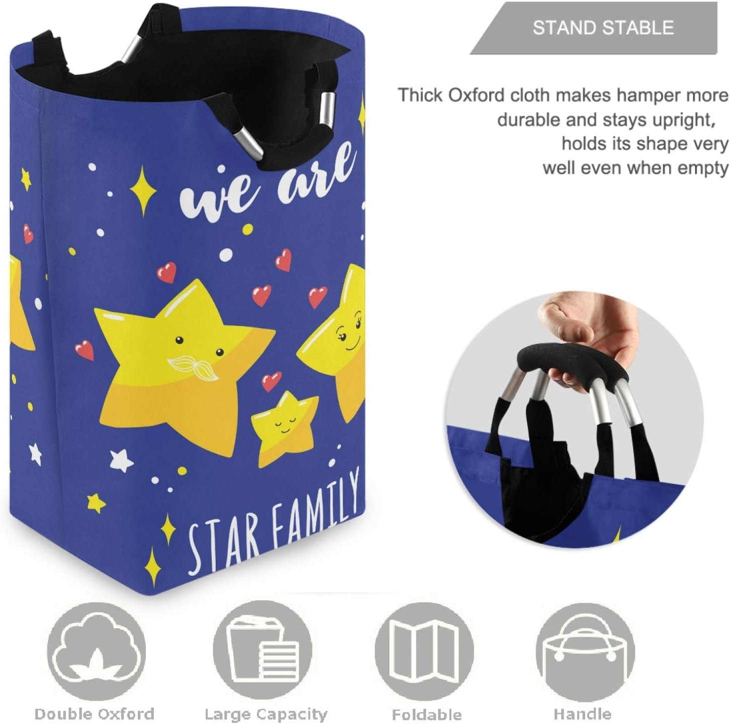 Visesunny Star Family Heart Blue Laundry Hamper with Waterproof Oxford Fabric
