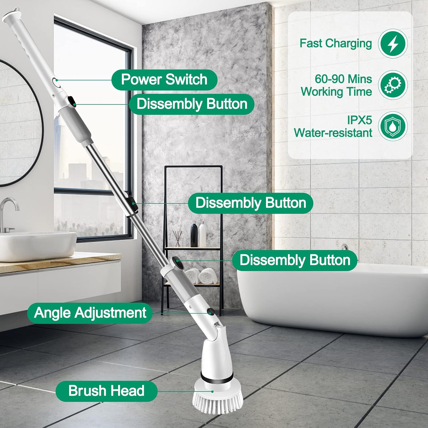 Electric Spin Scrubber with 6 Brush Heads and Adjustable Handle