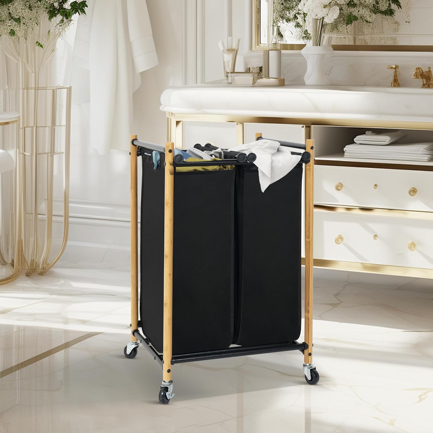 Bamboo Laundry Sorter Hamper with 2 Sections and Wheels 1