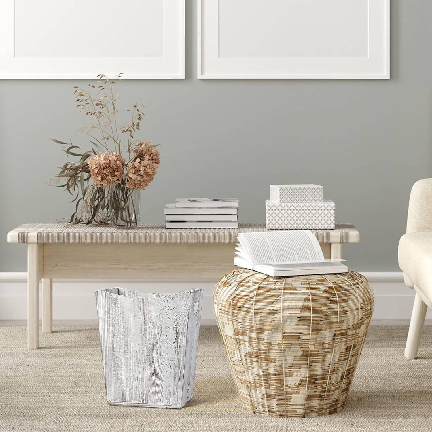 SEHERTIWY Wood Trash Can - Rustic White Wastebasket