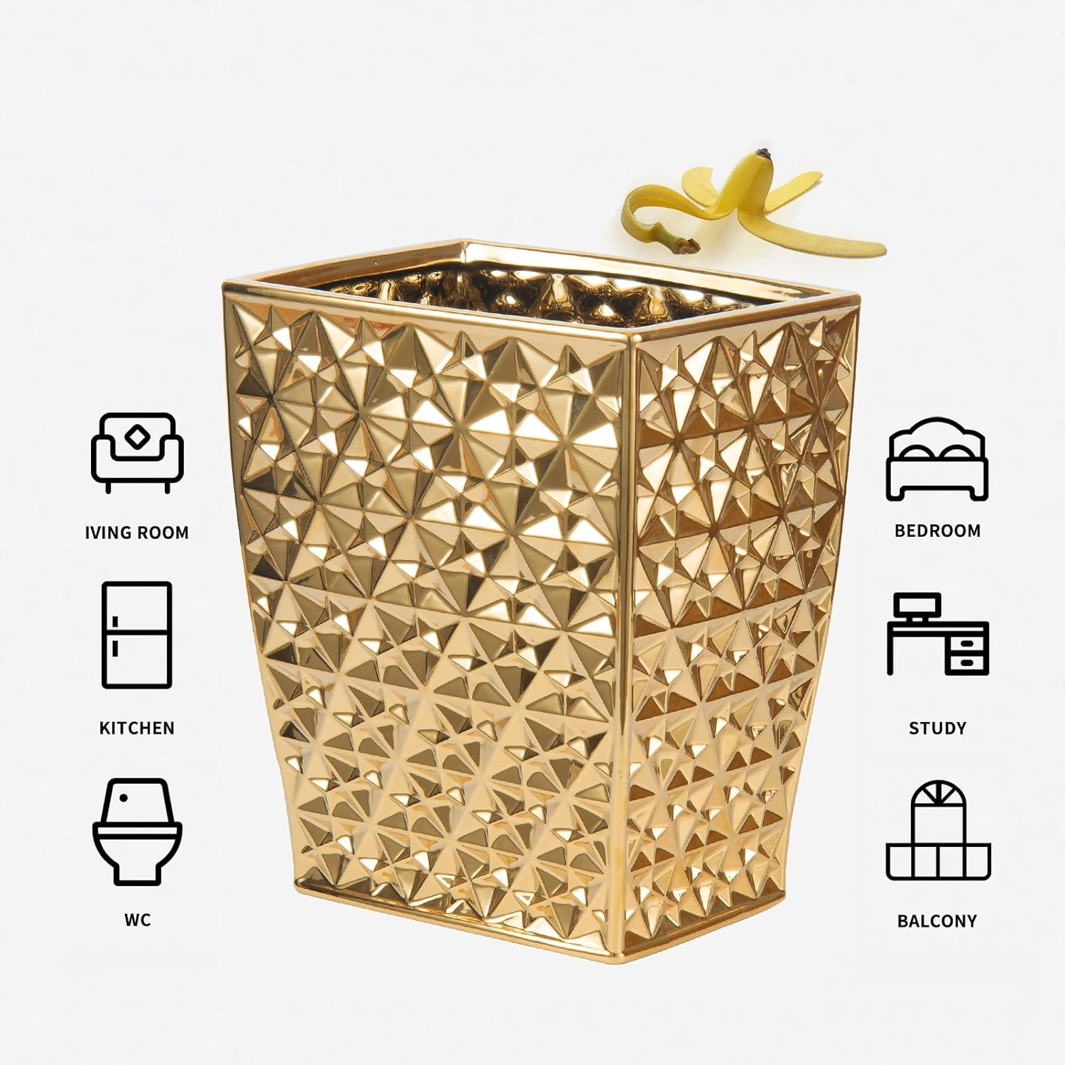 Ceramic Gold Square Garbage Can - Kitchen Bathroom Bin