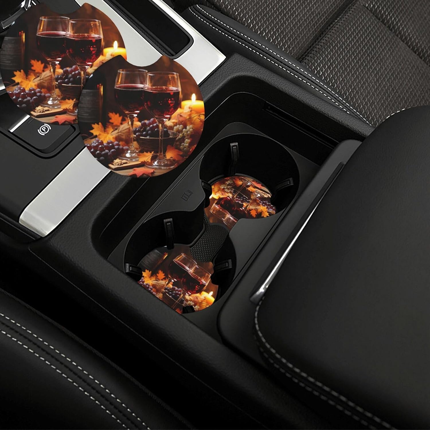 Red Wine and Candles Print Car Coasters 2 Pack Anti-Slip