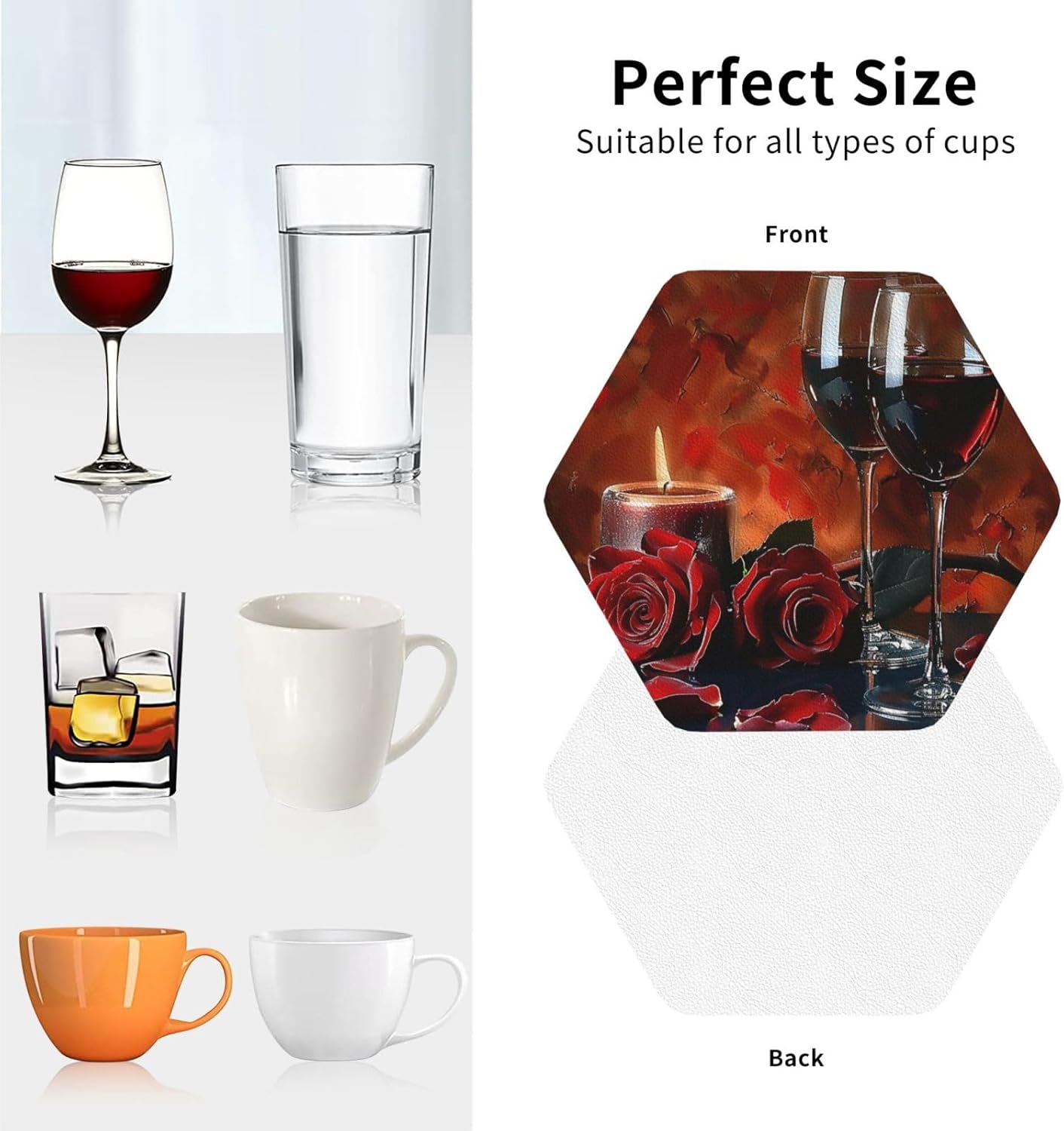 Red Wine Rose and Candle Hexagon Coasters 6PCS