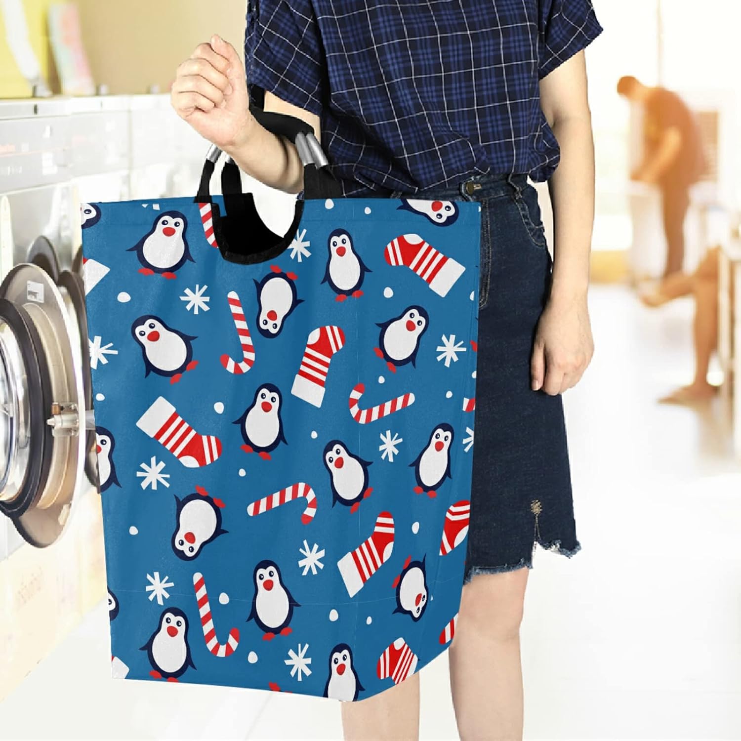 visesunny Foldable Laundry Hamper with Penguin Christmas Design