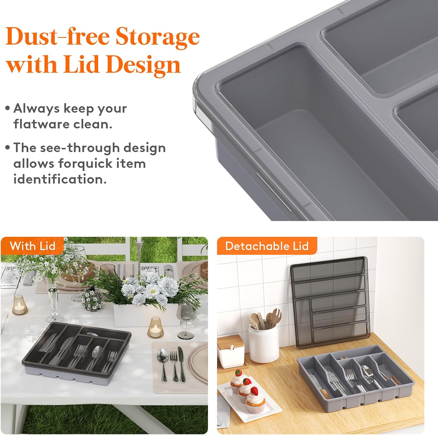 Lifewit 6 Compartment Silverware Organizer with Lid 2 Pack Gray