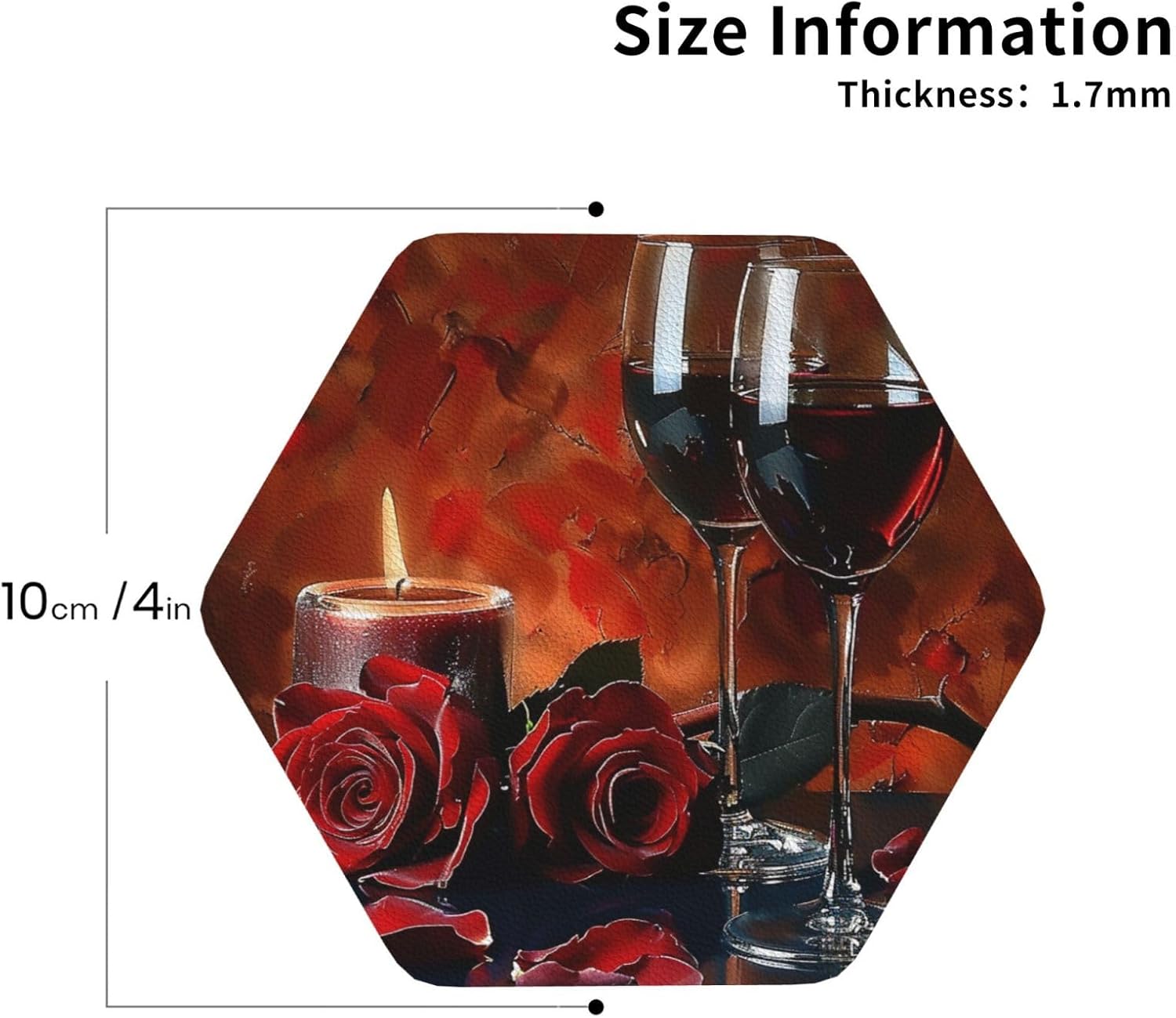 Red Wine Rose and Candle Hexagon Coasters 6PCS