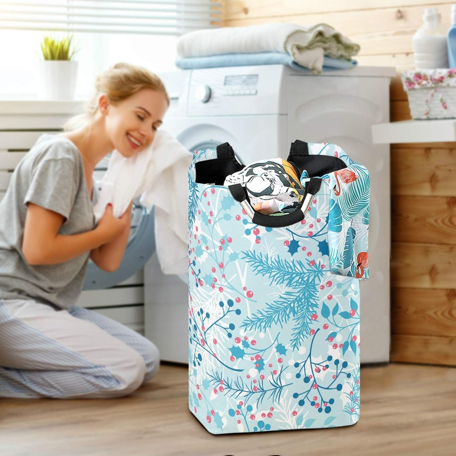 Susiyo Blue Winter Plants Laundry Basket Foldable