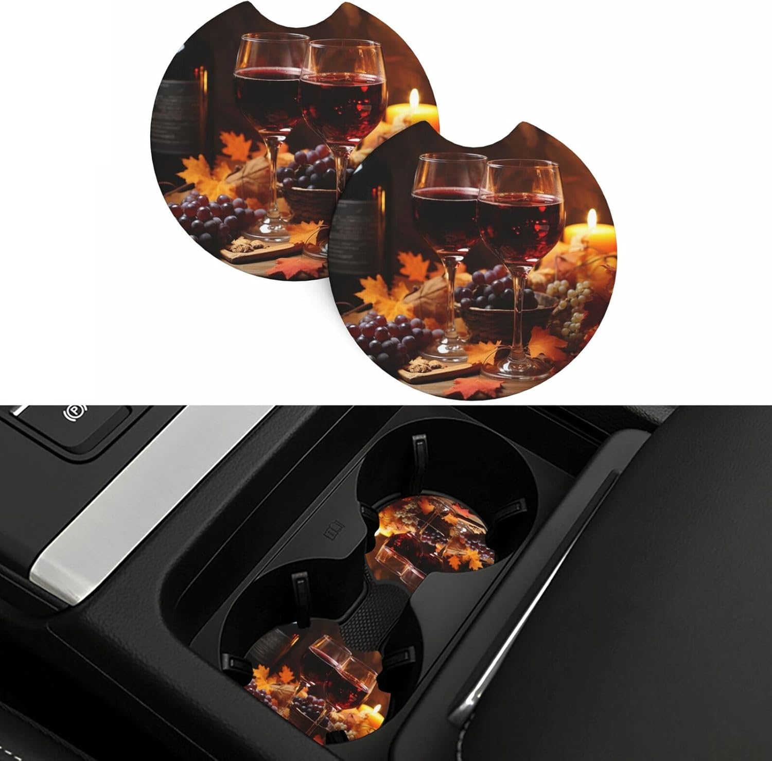 Red Wine and Candles Print Car Coasters 2 Pack Anti-Slip