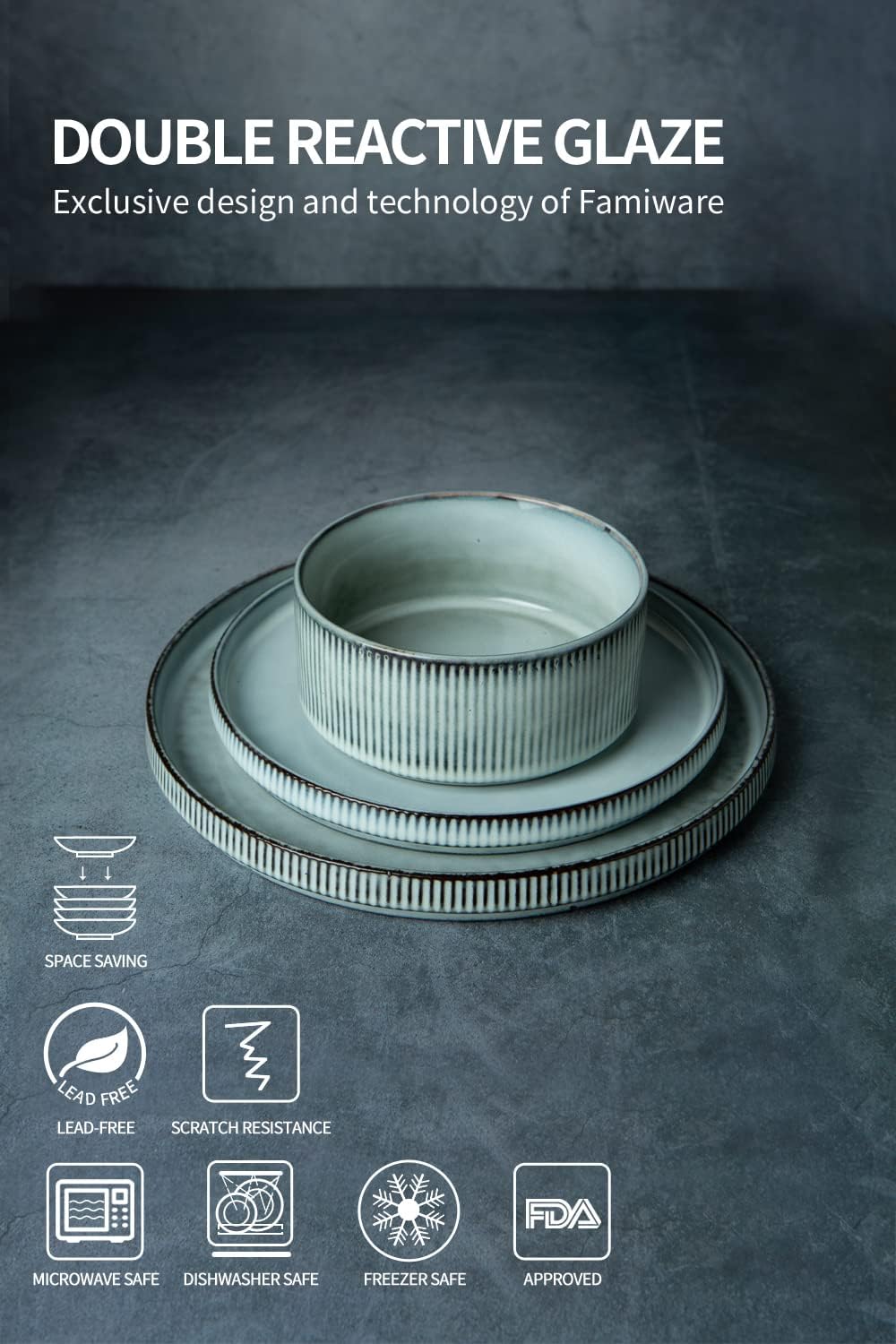 Famiware Smoky Blue Dinnerware Set for 6 18-Piece Stoneware