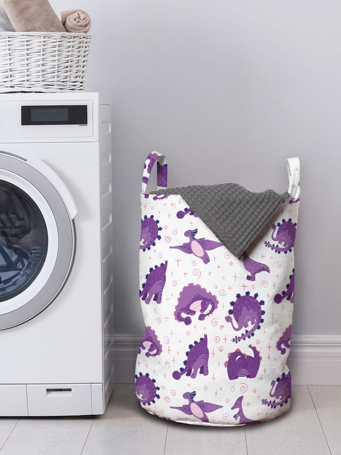 Ambesonne Dino Laundry Basket with Handles - 13x19 Purple White