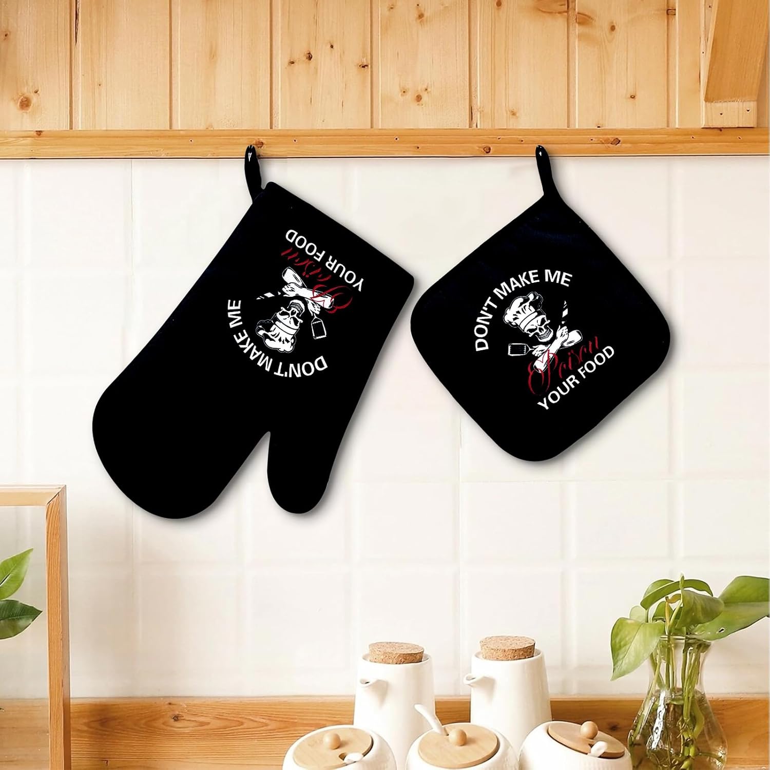 Dont Let Me Poison Your Food Oven Mitts Set with Hanging Loop