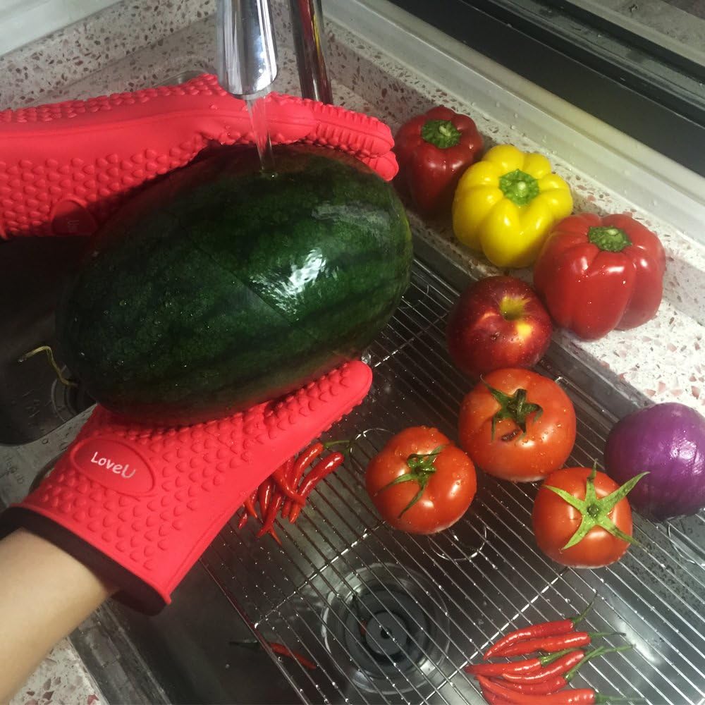 Loveuing Kitchen Oven Gloves - Heat Resistant Waterproof Non-Slip 5 Fingers