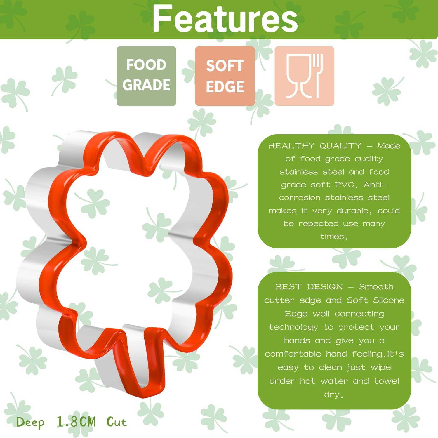 Crethinkaty 3 Pcs Clover Cookie Cutter Set Stainless Steel with Soft PVC Coating