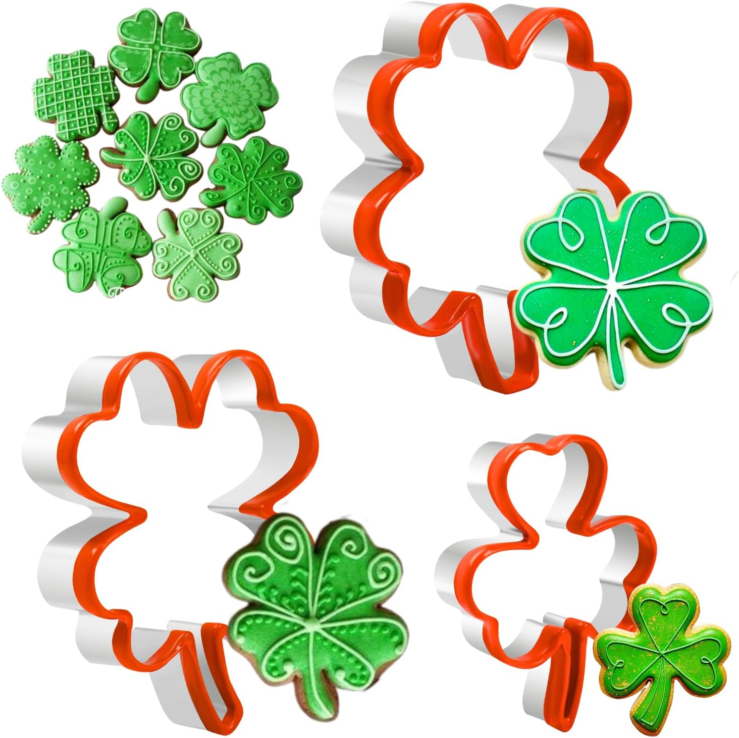 Crethinkaty 3 Pcs Clover Cookie Cutter Set Stainless Steel with Soft PVC Coating