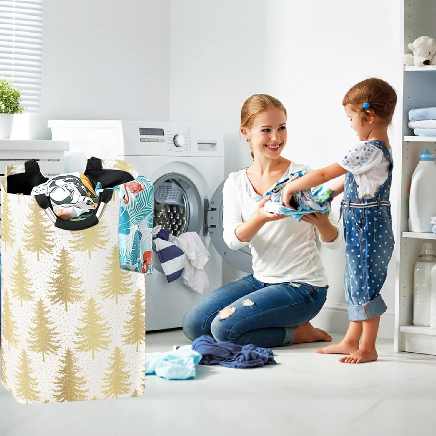 Large Capacity Laundry Hamper with Golden Christmas Tree Pattern