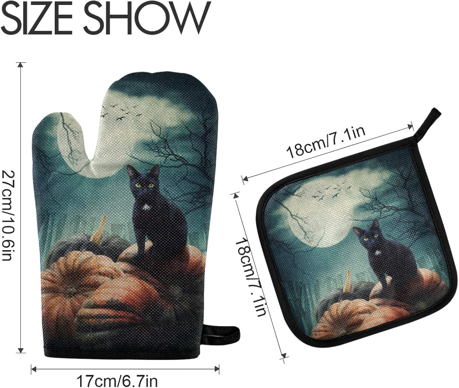 QUGRL Halloween Black Cat Heat Resistant Oven Mitts Set