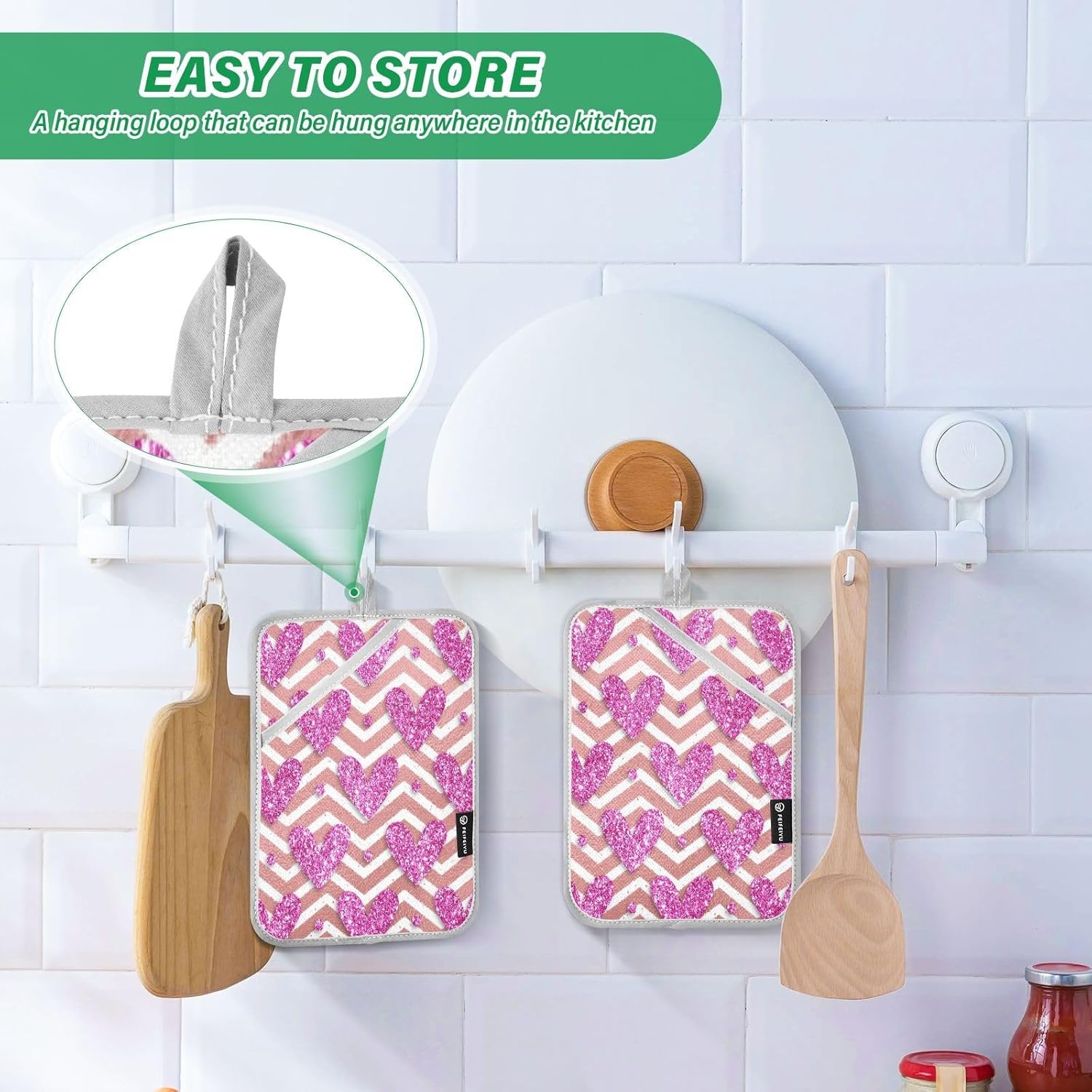 Kcldeci Striped Pink Glitter Heart Oven Mitts 2 Pack
