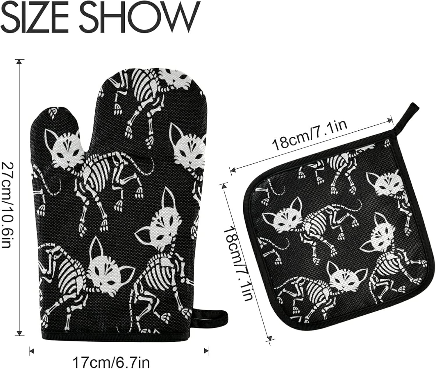 Eionryn Skeletons Cats Halloween Oven Mitts Potholders 2-Piece Set