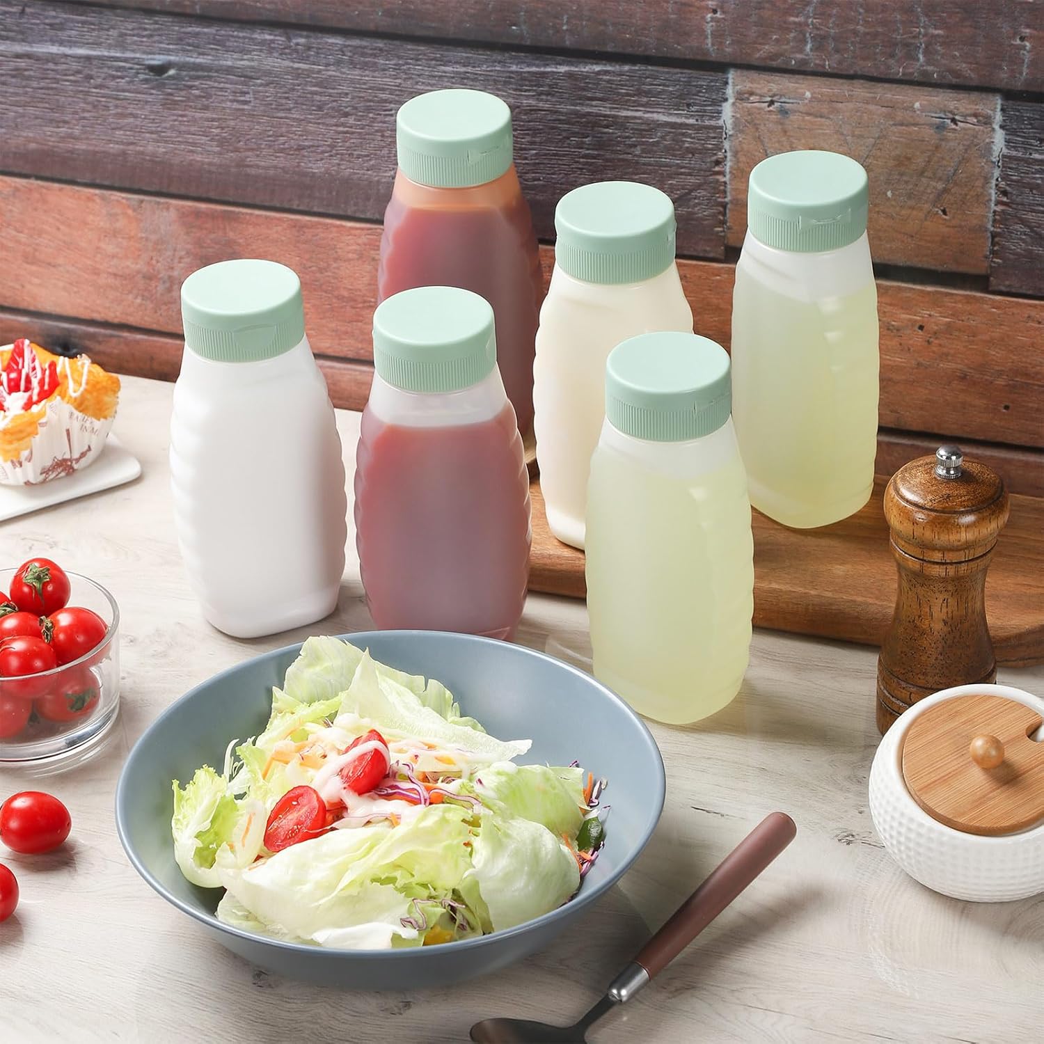 RAMFIYN 6-Pack Green Cap Condiment Squeeze Bottles 380ml
