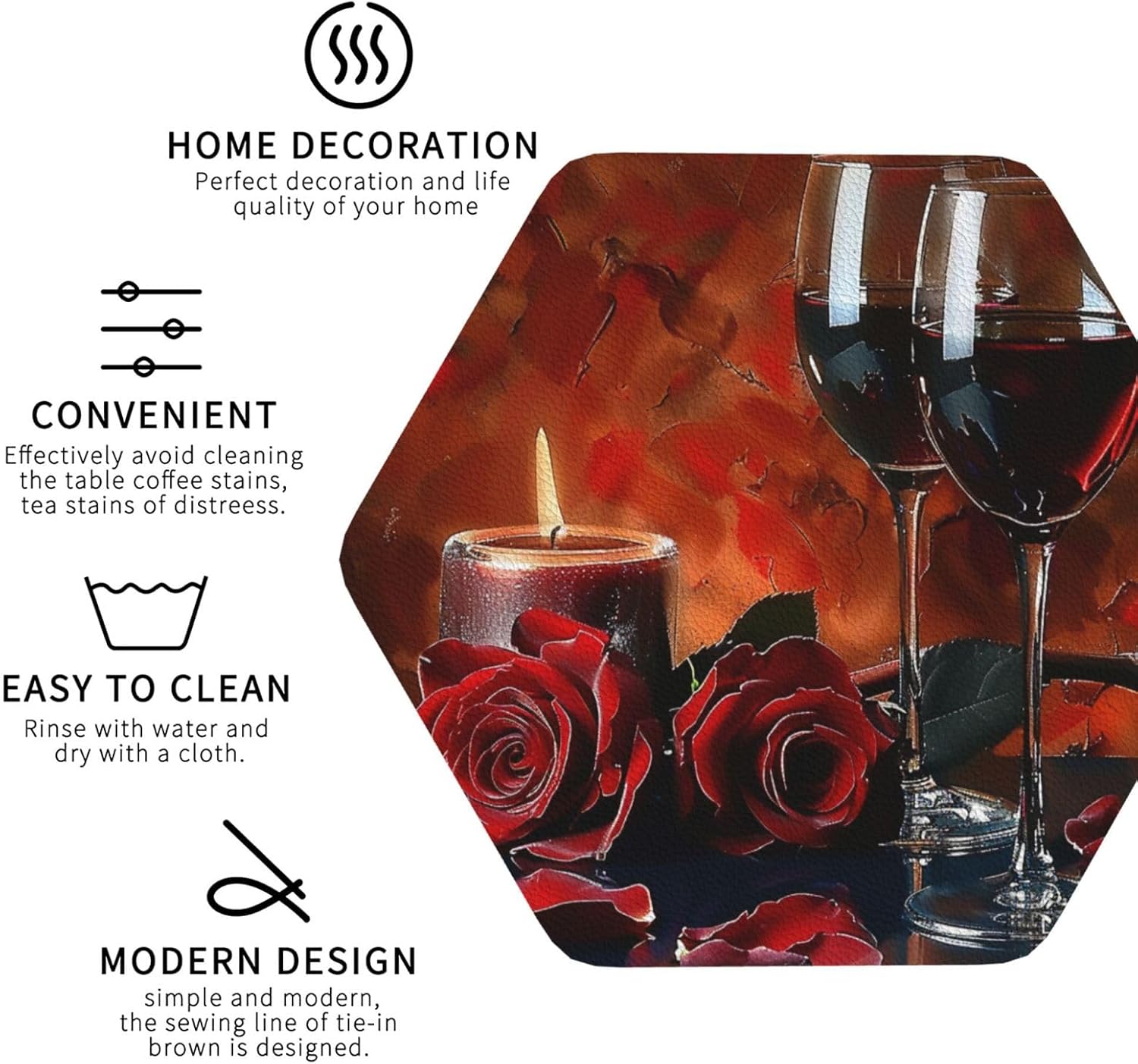 Red Wine Rose and Candle Hexagon Coasters 6PCS