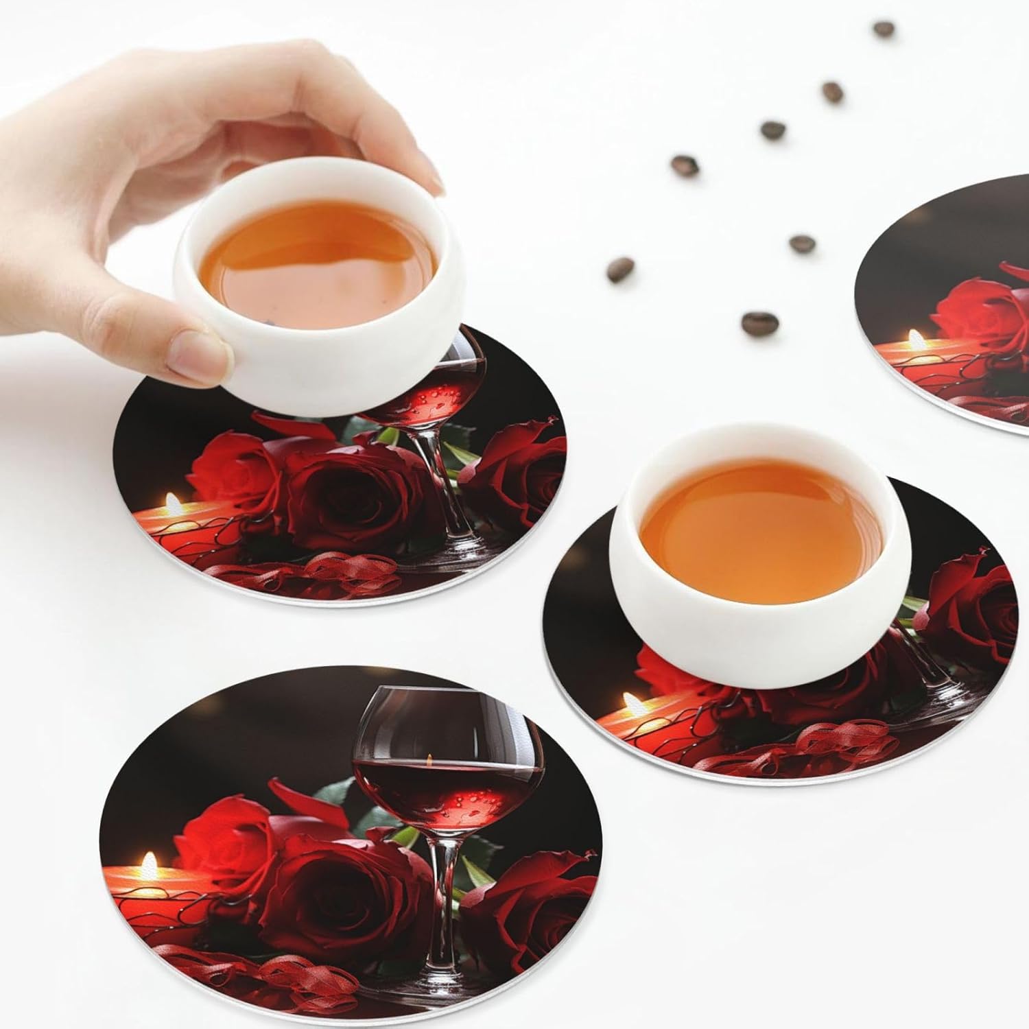 Red Rose Leather Coasters Set of 4 Waterproof Bar Coasters for Drinks