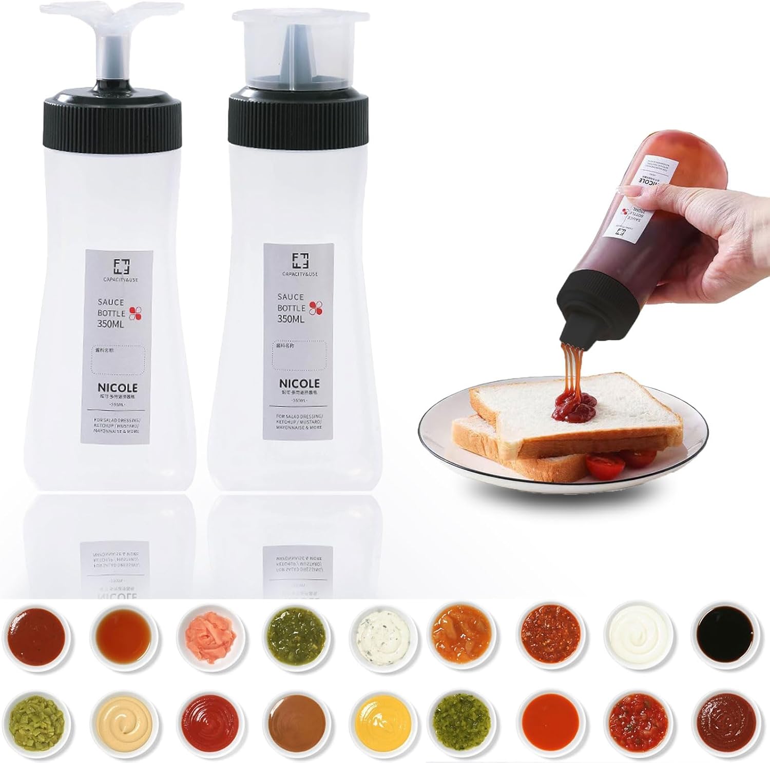 2 Packs 12-Ounce Salad Ketchup Squeeze Bottles with Black Design