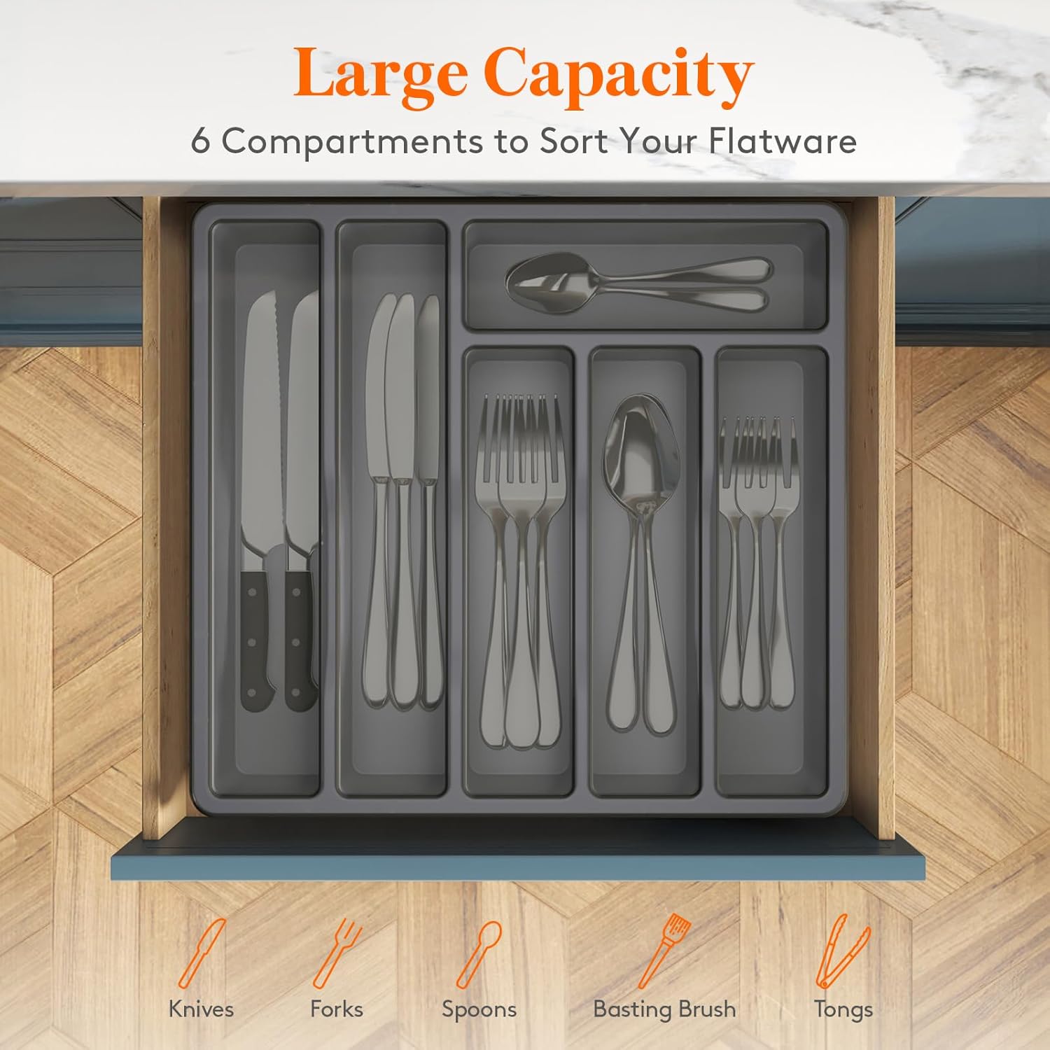 Lifewit 6 Compartment Silverware Organizer with Lid 2 Pack Gray