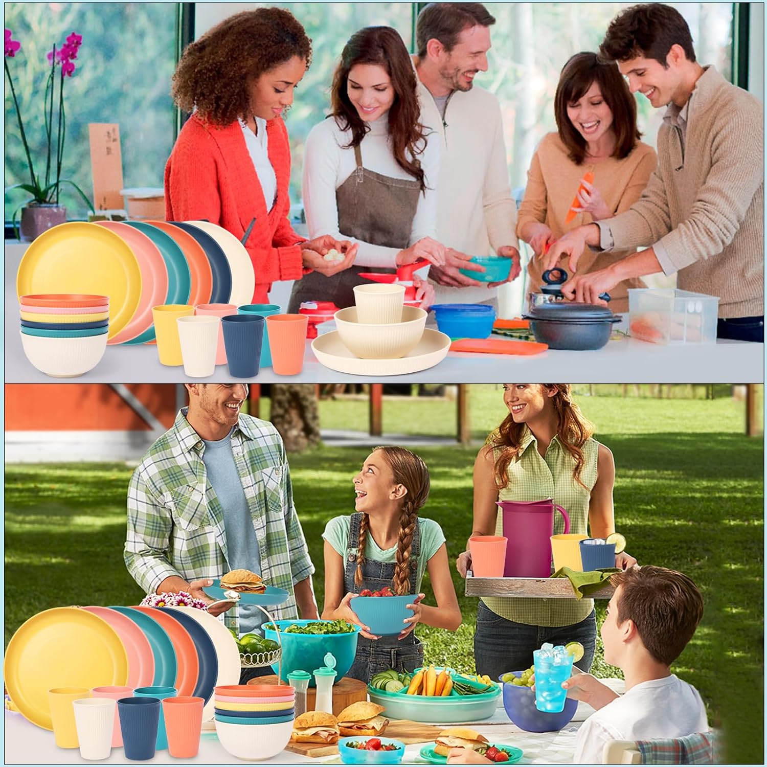 18pcs Wheat Straw Dinnerware Set with Macron Colors