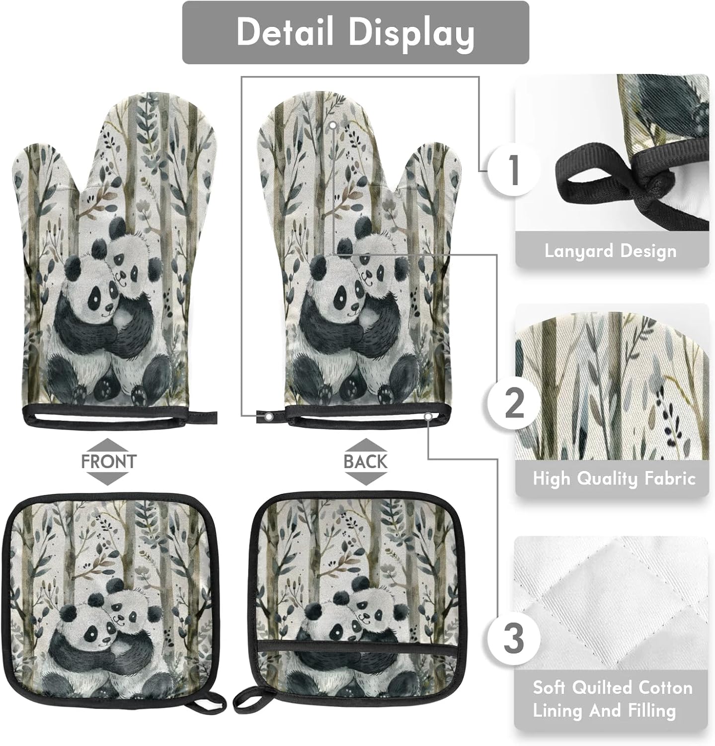 Cute Pandas Tree Oven Mitt Set 2 Piece